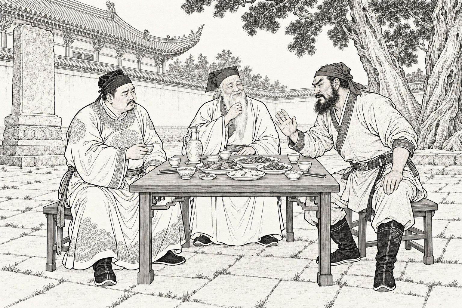 仿清末石印本的線描：白日廟牆下的鋪石庭院裡，三人圍著擺滿杯盤的方桌，左邊微胖的官吏手持酒杯、面帶疑慮，右邊虯髯壯漢身穿束腰短袍、腳蹬高靴，前傾身子抬手相勸，中間白鬚老翁含笑捋須，背後有殿宇屋脊、石碑和老柏。