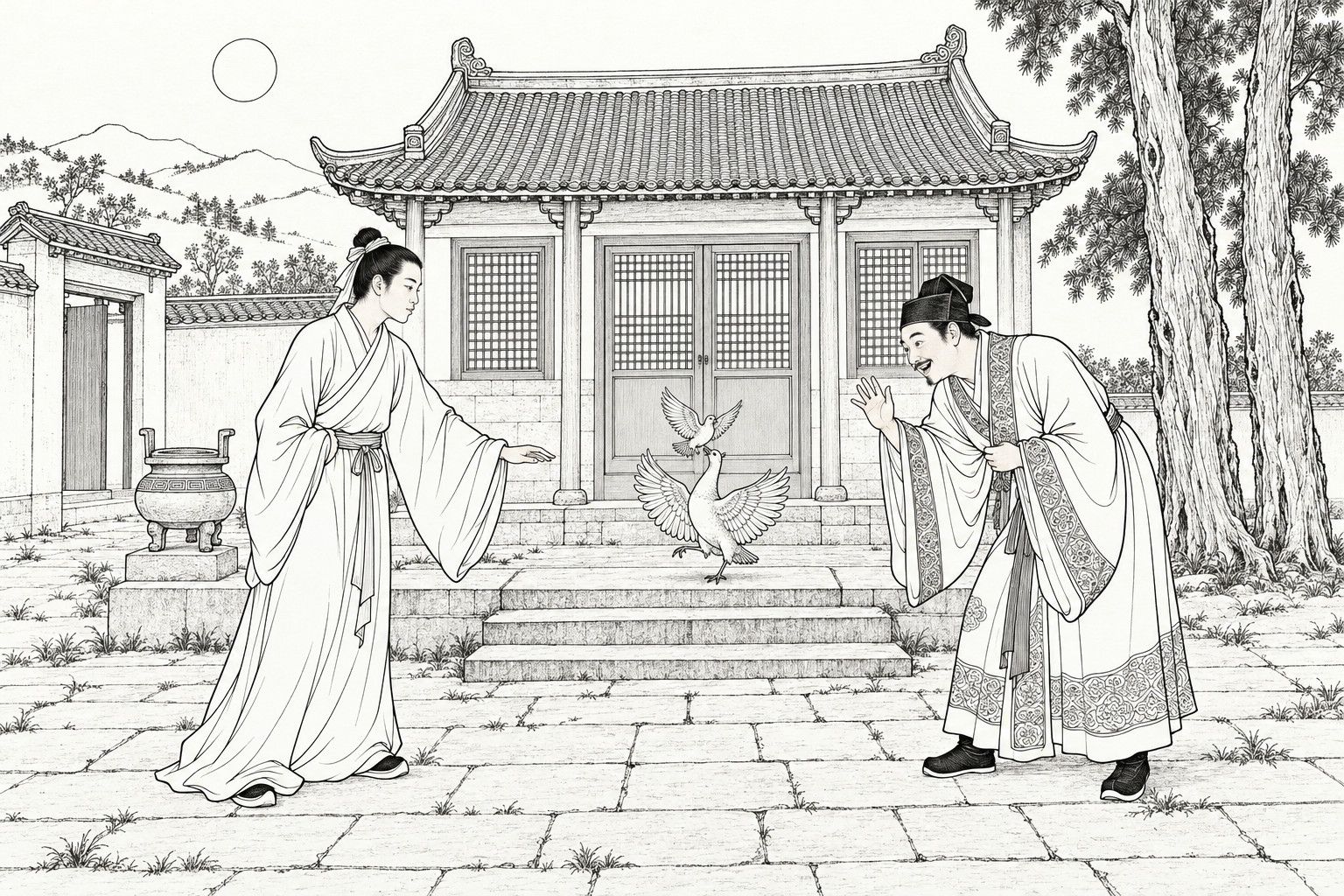 A line drawing in the manner of a late-Qing lithographed edition: on a moonlit night in the flagstone courtyard of a small country Daoist chapel, a slender young man in a long white gown holds out his arm toward two pigeons on the stone steps, a large one with spread wings and a small one fluttering above its head, while a scholar in a square cap and patterned robe leans forward with one hand raised in delighted wonder, with an incense burner, a low wall, tall cypresses and distant hills behind.