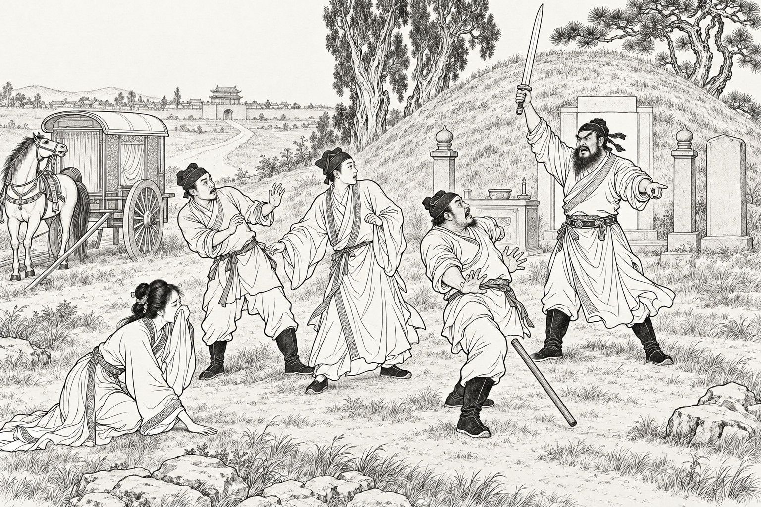 A line drawing in the manner of a late-Qing lithographed edition: in daylight on a grassy rise before an old tomb outside a town, a fierce bearded warrior in a short belted robe holds a bare sword high and points with his other hand, while two servants recoil in fright, one dropping his staff, a startled scholar looks back at the warrior, a young woman kneels weeping in the foreground, and a covered carriage, a horse, a cypress and pine grove and a distant town gate stand behind.