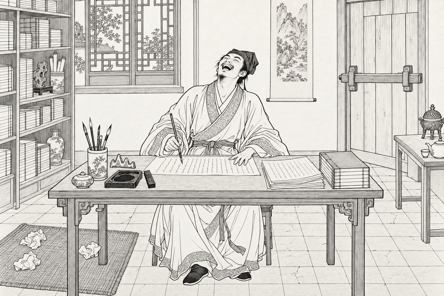 A line drawing in the manner of a late-Qing lithographed edition: in a daylit scholar's study with the door barred, a young scholar sits behind a broad desk with his head thrown back in loud laughter while his brush keeps racing across a sheet, with finished pages, books, inkstone and brushes on the desk, a bookshelf, a lattice window and a hanging scroll behind him.