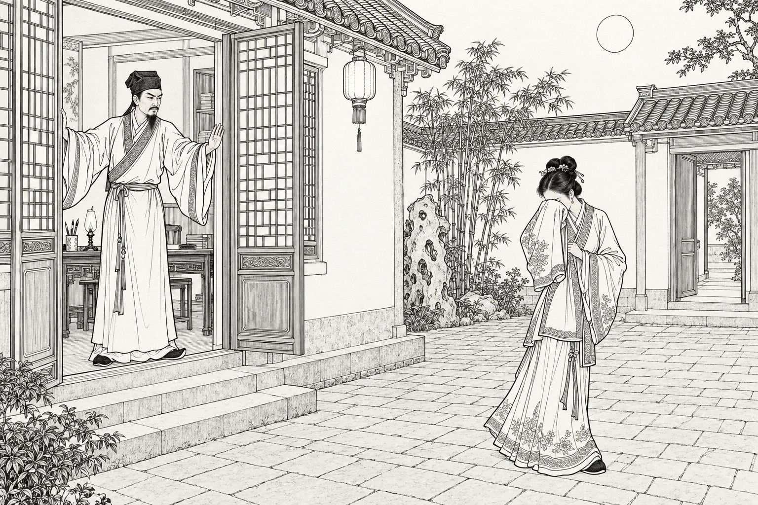 A line drawing in the manner of a late-Qing lithographed edition: on a moonlit night in a scholar's paved courtyard, a stern scholar standing in the open lattice window of his study raises one palm in refusal, while a young woman in a long wide-sleeved gown hides her face behind her sleeve and turns away, with a hanging lantern, a desk with a lamp and books, bamboo and a garden rock nearby.