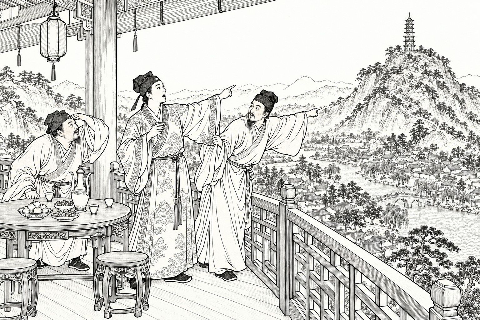 A line drawing in the manner of a late-Qing lithographed edition: three scholars on the balcony of an upper room, wine and fruit on a round table behind them, rise to look out; two point at a lone pagoda that has suddenly appeared on a distant mountain peak, one still holding his cup in astonishment, and the third shades his eyes; a river, a bridge and village roofs spread below.