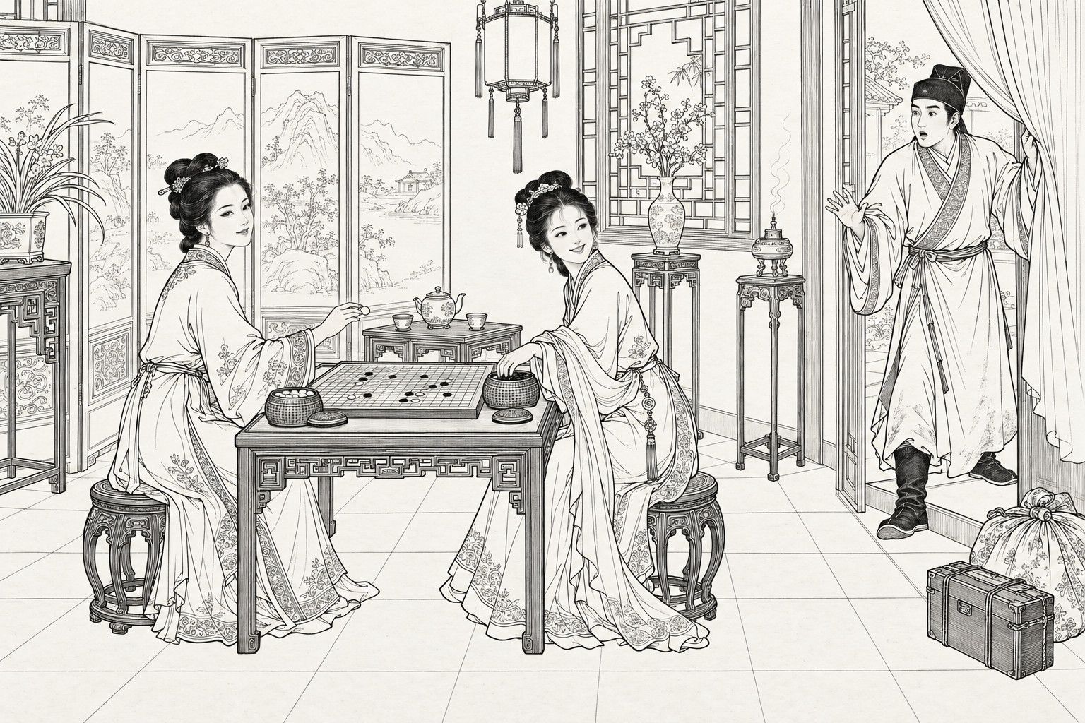 仿清末石印本的线描：立着屏风的厅里，两位年轻女子隔着围棋盘对坐，一人拈着棋子回头望向门口，另一人含笑伸手去棋罐里取子；右边穿着远行靴的青年书生掀开门帘，惊讶地站住，身旁放着包袱和箱子。