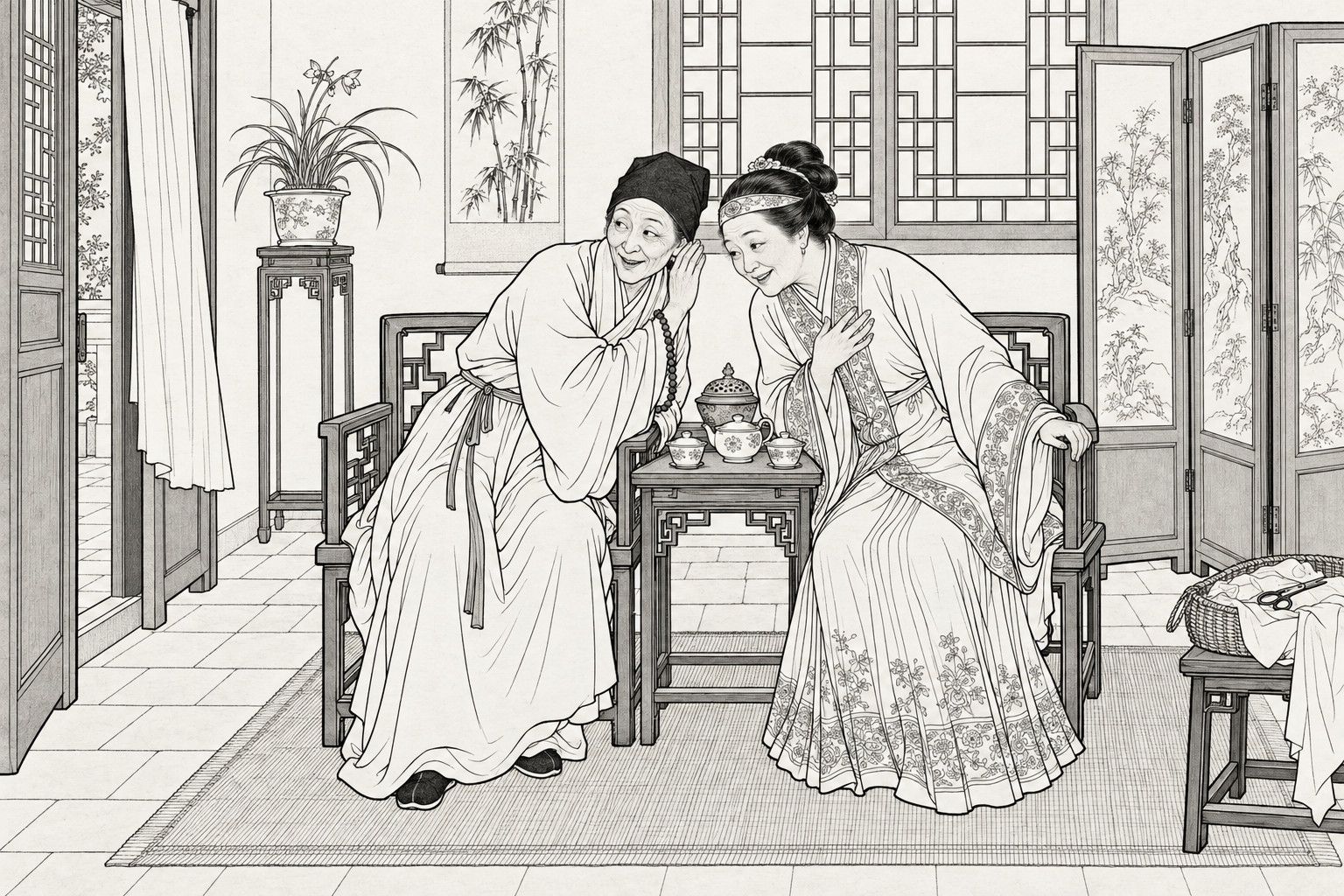 A line drawing in the manner of a late-Qing lithographed edition: in a gentry family's inner sitting room, an old Buddhist nun in a cloth cap leans across a small tea table to whisper into the ear of a middle-aged woman, who bends to listen with a hand pressed to her chest and a hopeful smile, while a half-open door, a latticed window, a bamboo scroll, a folding screen and a potted orchid fill the room.