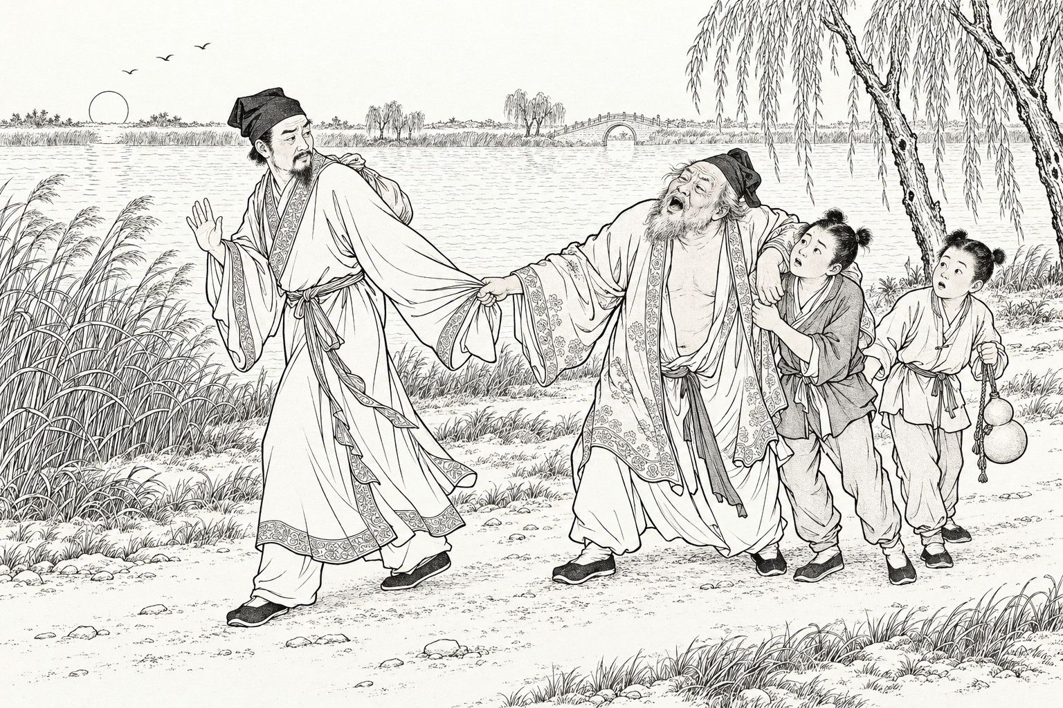 A line drawing in the manner of a late-Qing lithographed edition: on a dusk river-bank path with reeds, willows, a far shore with a small arched bridge and a low sun, a lean bearded scholar with a bundle on his shoulder turns back with one palm raised while a staggering, open-mouthed old drunk grips his sleeve, and two topknotted boy servants hold the drunk up and carry a wine gourd.
