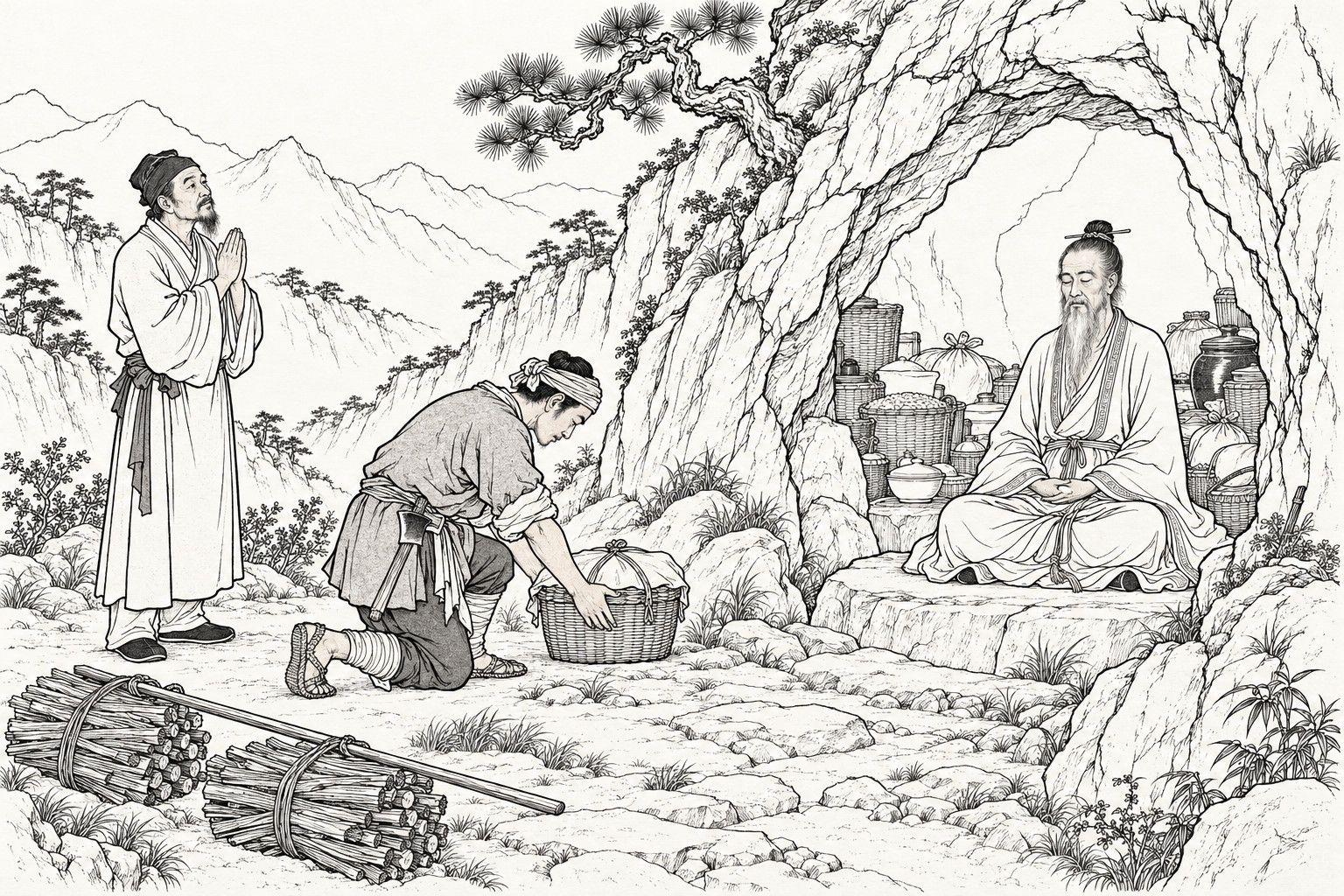 仿清末石印本的線描：白晝山中巖洞口，一位長鬚老道士閉目盤坐在供物堆中，四周是籃、罐和包裹；一名樵夫單膝跪地放下一籃蓋好的糧食，身後一位鄉間長者合掌而立；前景有柴束和扁擔，洞上有虯松，遠處是山嶺。