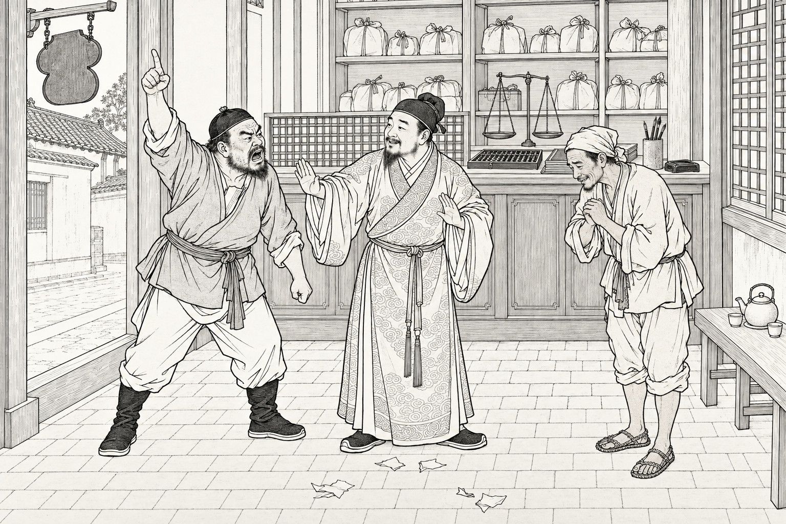 A line drawing in the manner of a late-Qing lithographed edition: In the front hall of a pawnshop by day, a thickset man in a short jacket shouts with one arm pointing at the sky and a fist jabbing down, a smiling gentleman in a long patterned gown holds out a calming hand between him and a lean farmer who bows with clasped hands, while the counter, scale, abacus, shelves of wrapped bundles, street doorway with hanging sign and scraps of torn paper on the brick floor fill the setting.