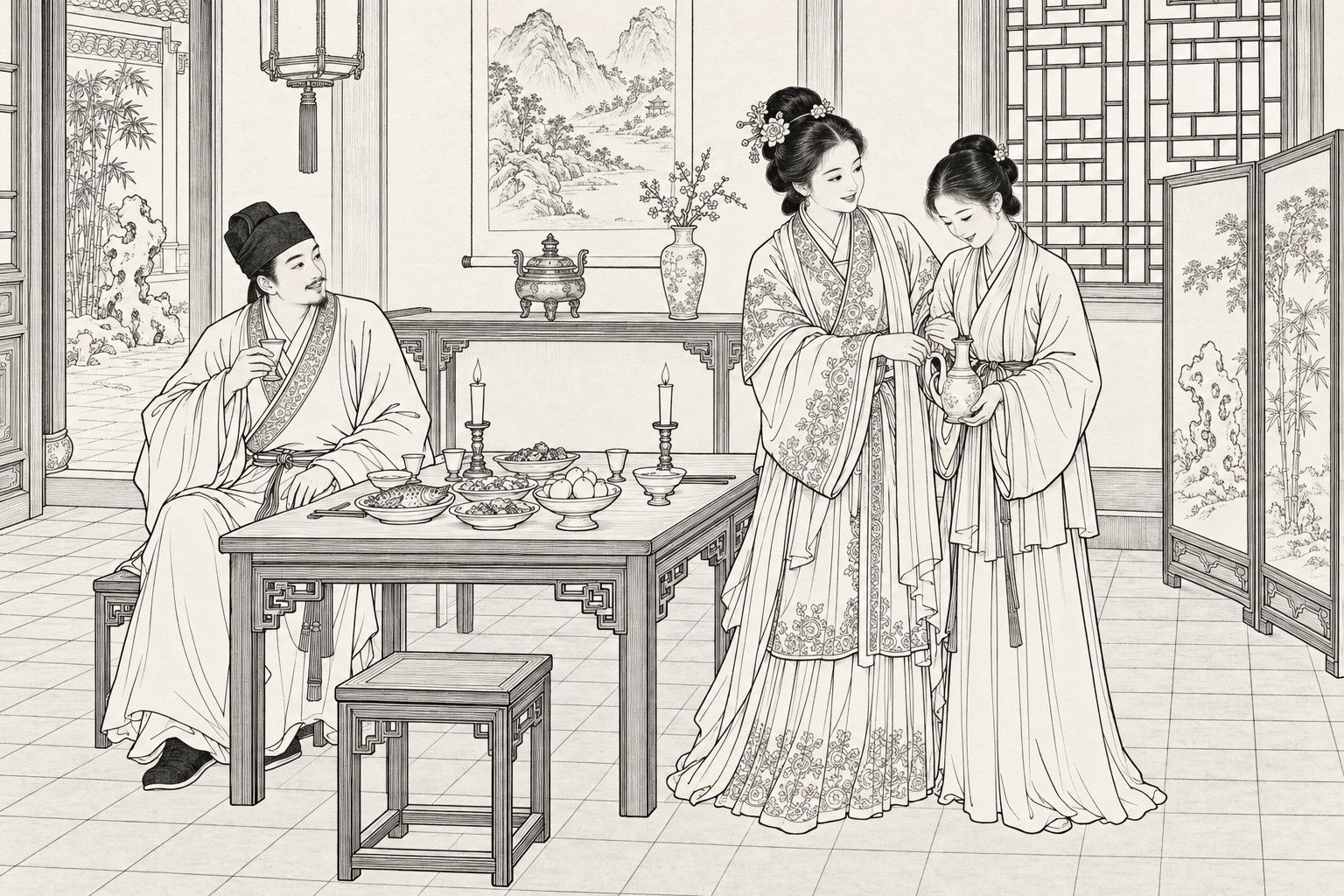 A line drawing in the manner of a late-Qing lithographed edition: an evening family feast in the main hall of a wealthy house, where a richly dressed young wife in an embroidered jacket and long skirt reaches toward the wine pot held by a plainly dressed young concubine, while the husband in a soft cap and long gown sits at a square table with a cup, smiling at them, with candles, dishes, a hanging landscape scroll, a lattice window, a folding screen and a bamboo courtyard in view.