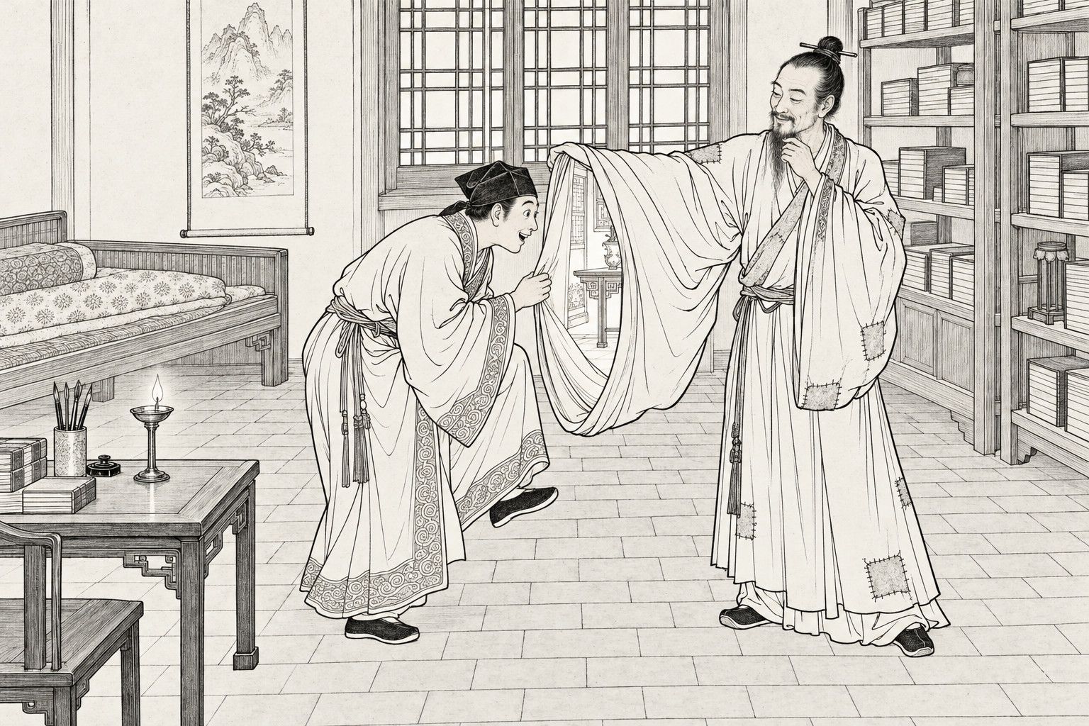 仿清末石印本的线描：夜里书斋灯下，一位挽髻、穿补丁旧袍的清瘦道士含笑抚须，撑开宽大的衣袖像一扇门，一位戴软巾的书生弯腰抬脚，欣喜地要钻进去，袖口里露出明亮厅堂的一角，四周有书案、油灯、床榻、花窗和书架。