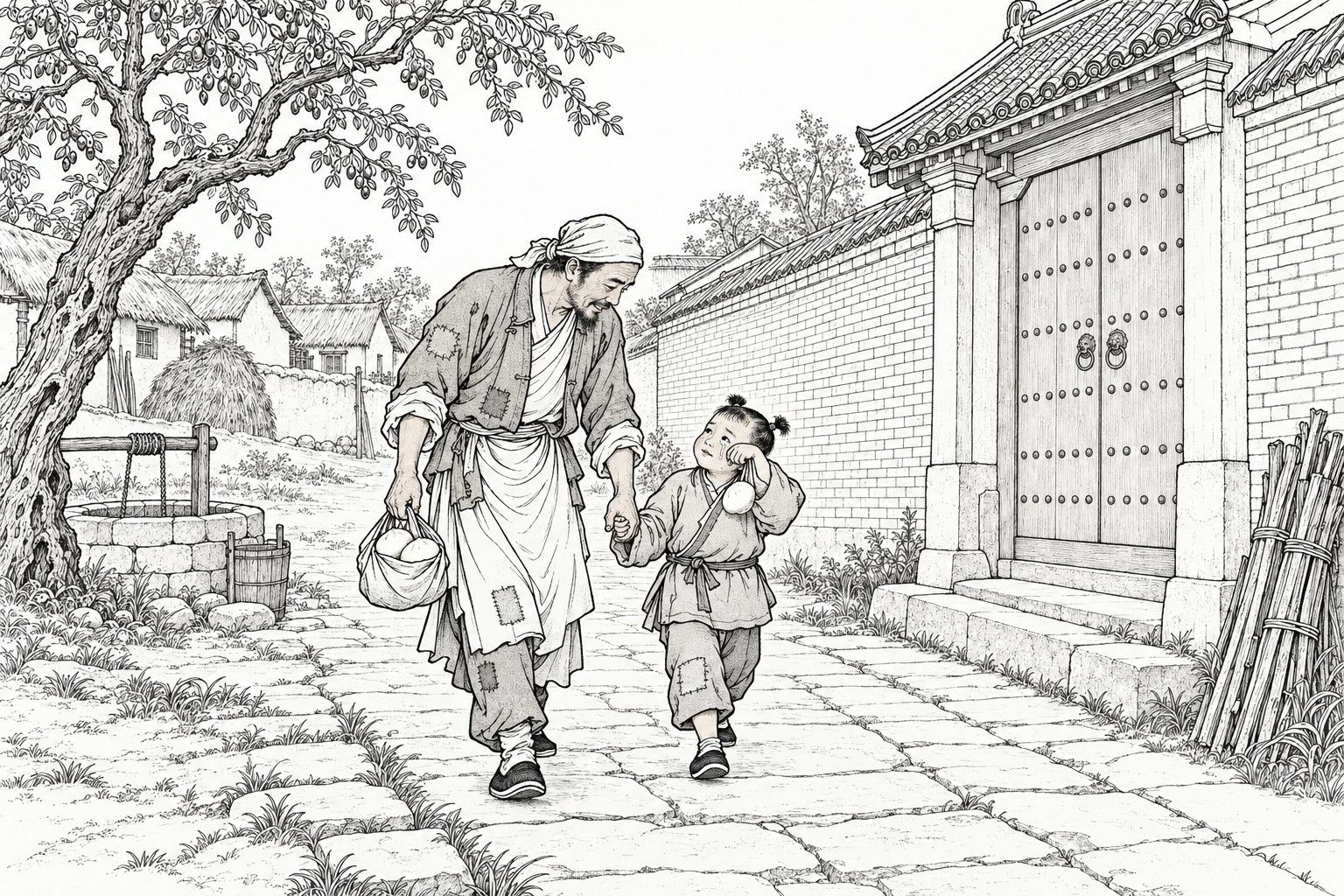 A line drawing in the manner of a late-Qing lithographed edition: on a village lane in the daytime, a lean man in a head-cloth and patched clothes bends down to speak kindly to a small boy with two topknots, holding the boy's hand and carrying a cloth bundle of steamed buns, while the boy wipes his eye with his sleeve and holds a bun, and ahead stand a high brick wall and a shut studded gate, with a stone well, an old jujube tree and thatched cottages behind them.