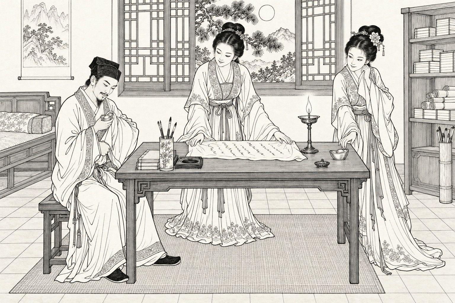 A line drawing in the manner of a late-Qing lithographed edition: on a moonlit night in a hillside study, a scholar sits at the left of a writing table and tucks a silver ingot into his sleeve, while one long-sleeved woman behind the table spreads a white silk kerchief and a second woman at the right, hand raised to her cheek, smiles at him sideways, with a lamp, books and brushes on the table, a lattice window showing a pine and the moon, and a couch and bookshelf at the sides.