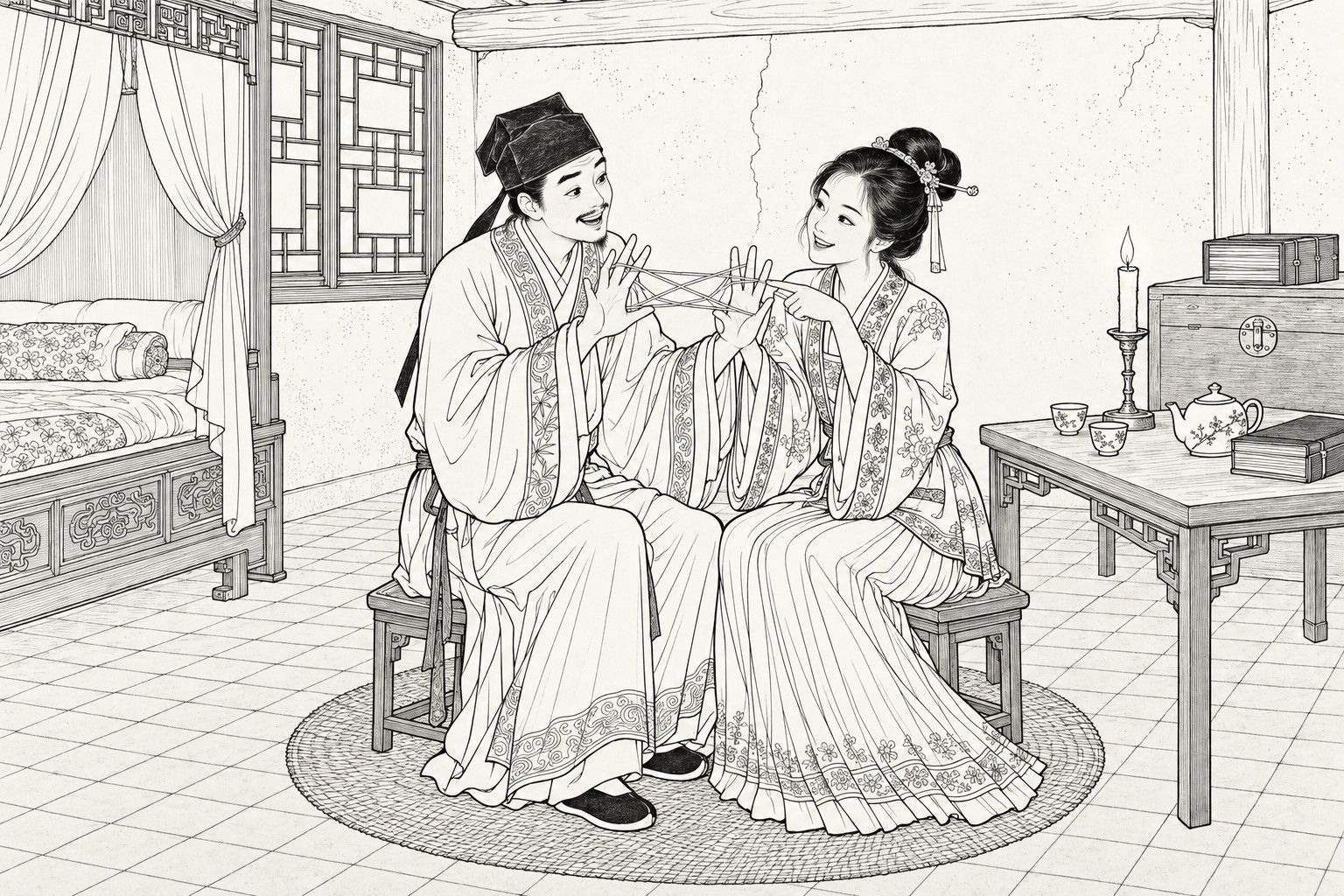 仿清末石印本的线描：夜里客舍中，一位戴软巾的青年书生与一位梳高髻的少女促膝坐在矮凳上翻花绳，少女含笑指点绳花，书生笑得又窘又乐，四周有帐床、格窗、桌上的烛台茶具、衣箱和方砖地。