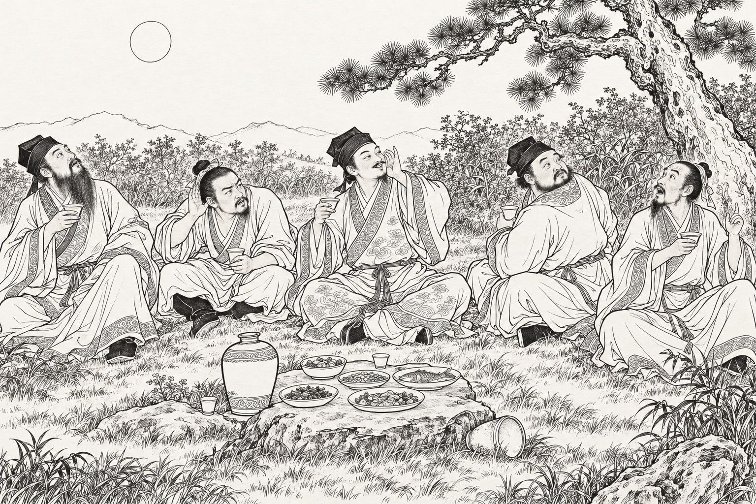 A line drawing in the manner of a late-Qing lithographed edition: on a moonlit night on a grassy hilltop beside a old pine, five scholars in long wide-sleeved gowns sit on the ground around a flat rock set with a wine jar, dishes and cups, while the one in the middle holds a cup and cups a hand to his mouth to mimic a bird's call, and the other four look about in puzzlement.