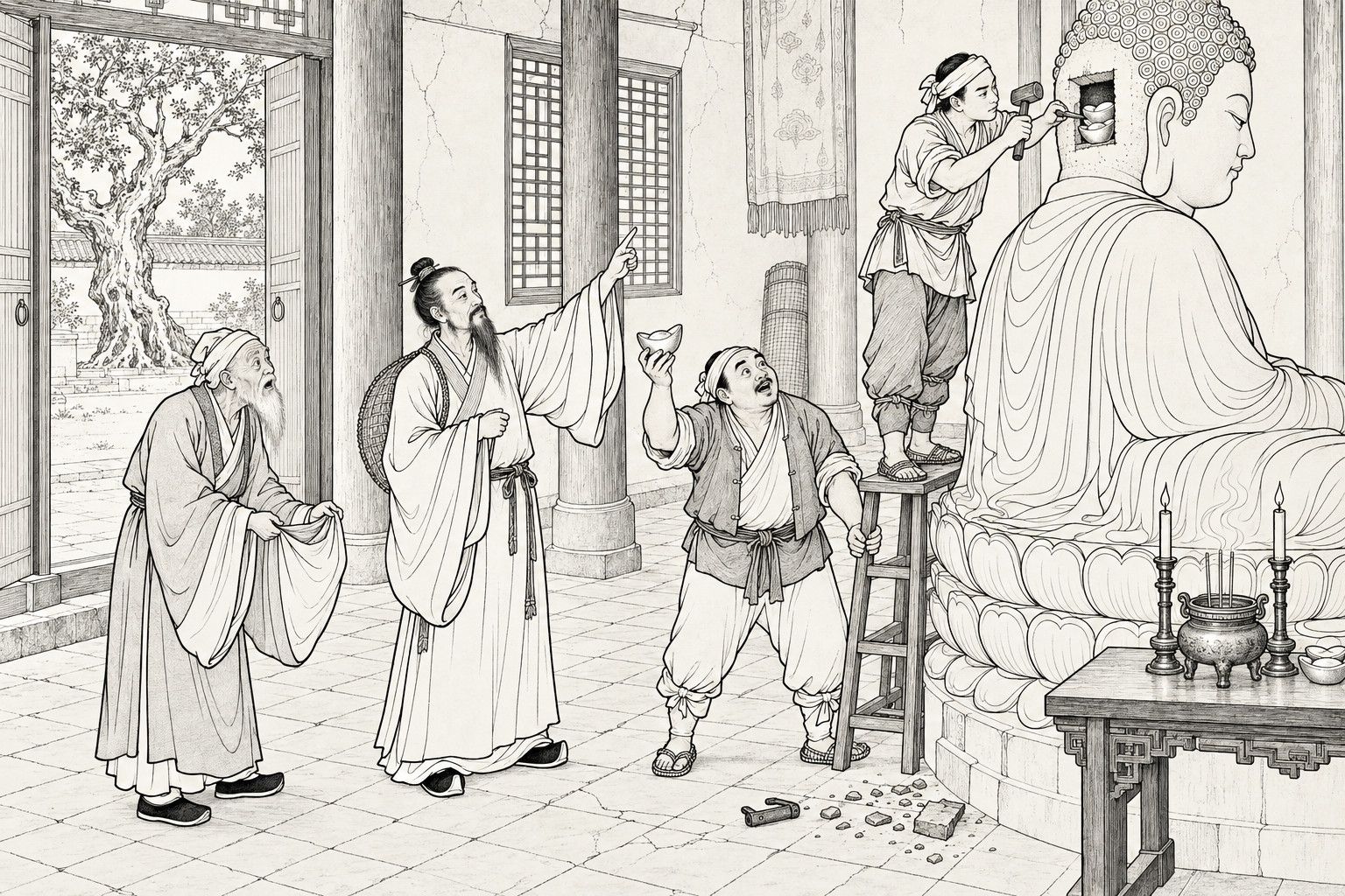 A line drawing in the manner of a late-Qing lithographed edition: in the main hall of an old country temple by day, a young villager standing on a stool chisels open a hollow at the back of a clay Buddha's head where silver ingots show, while a stout villager at the foot of the stool holds up an ingot, an old elder holds out the skirt of his gown to catch the silver, and a wandering Daoist points up at the Buddha's head, with an offering table, a pillared wall, a lattice window and an open door onto a courtyard tree behind them.