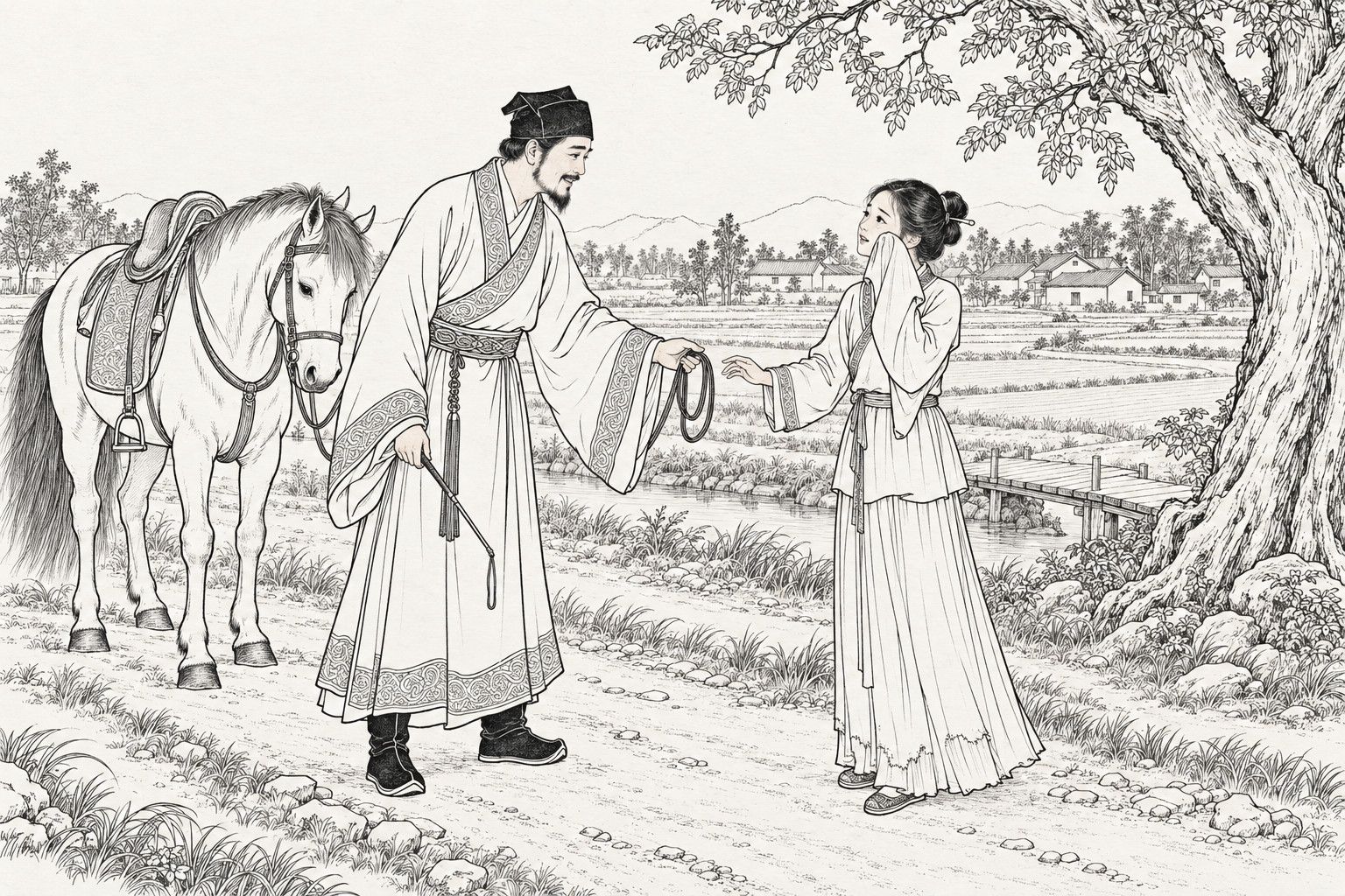 A line drawing in the manner of a late-Qing lithographed edition: on a country road by open fields in daylight, a bearded scholar in a square cap and wide-sleeved gown, having just dismounted, holds out the reins and a riding whip toward a young woman who wipes her tears with her sleeve and looks up at him, with his saddled horse at the left, a large old tree at the right, and a plank bridge, ditch, village roofs and distant hills behind.