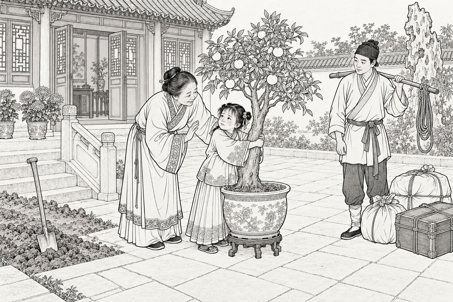 A line drawing in the manner of a late-Qing lithographed edition: in the rear courtyard of a magistrate's residence by day, a tear-streaked little girl hugs a small fruiting orange tree in a large glazed pot while an old nurse bends to comfort her with a hand on her shoulder, and a manservant with a carrying pole and coiled rope waits beside tied bundles and a chest, with stone steps, a spade in dug earth, potted chrysanthemums, a garden rock and the tiled hall behind.