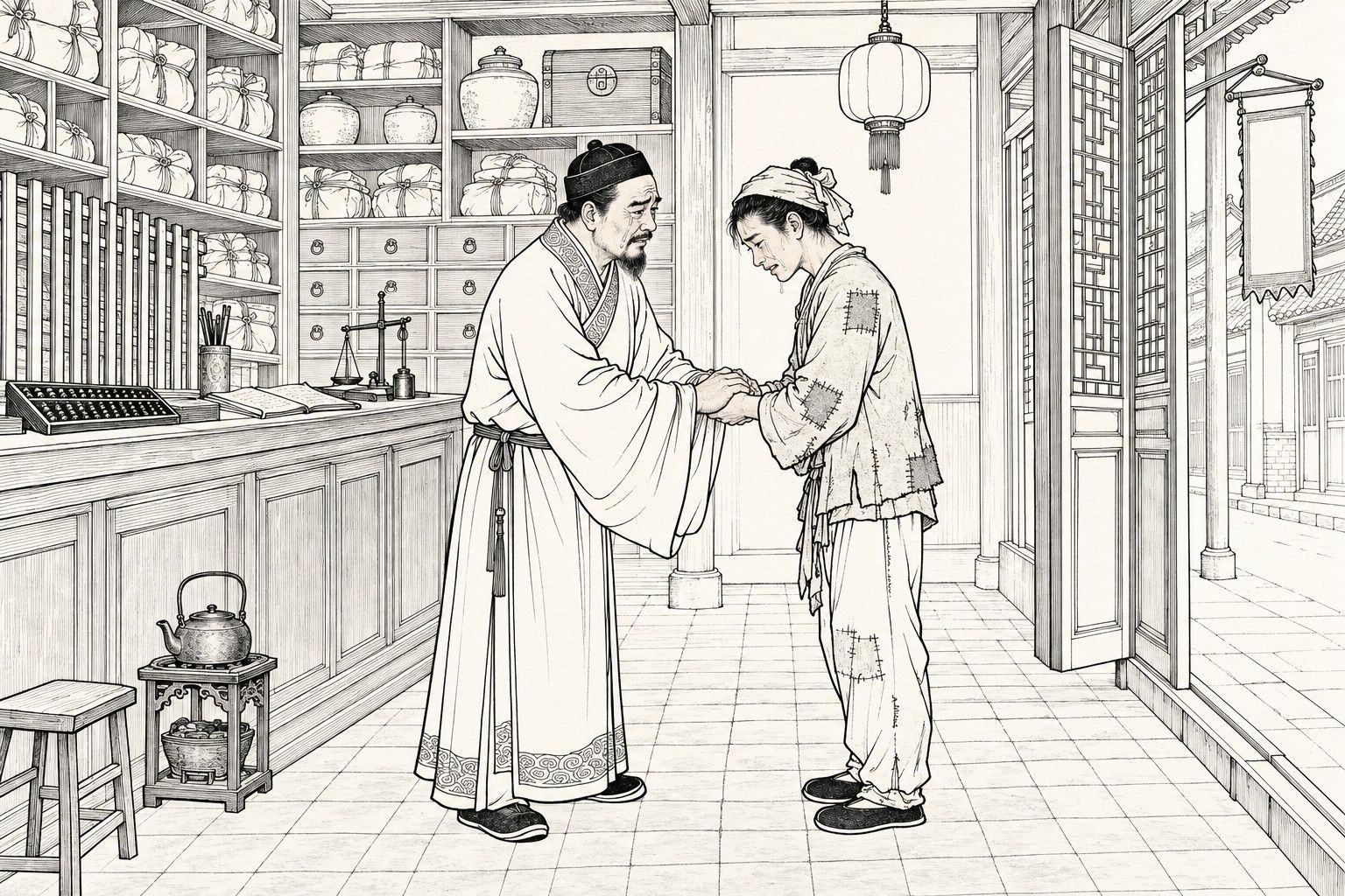 A line drawing in the manner of a late-Qing lithographed edition: inside a pawnshop hall by day, a bearded middle-aged shopmaster in a small round cap and wide-sleeved gown stands beside his counter and clasps the hands of a tearful, ragged young man in a headcloth and patched jacket, with an abacus, ledger and scale on the counter, shelves of tied bundles and jars behind, a kettle on a stand, a hanging lantern, and a lattice door opening onto the street.