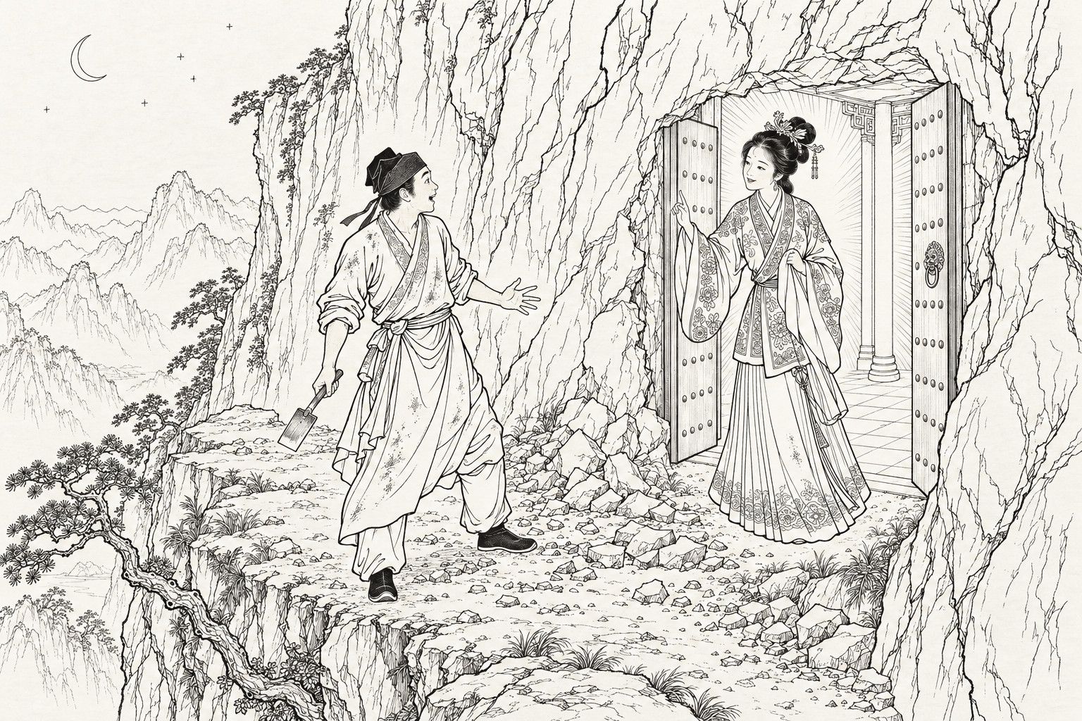 A line drawing in the manner of a late-Qing lithographed edition: on a narrow rock ledge below a steep cliff at night, a dusty young scholar holding a small spade turns in astonishment with one hand open, while a young woman in an embroidered jacket and pleated skirt steps out through a pair of studded doors swung open in the rock and raises a finger to scold him, with light radiating from the corridor behind her, broken stones and gnarled pines about the ledge, and a crescent moon over distant peaks.