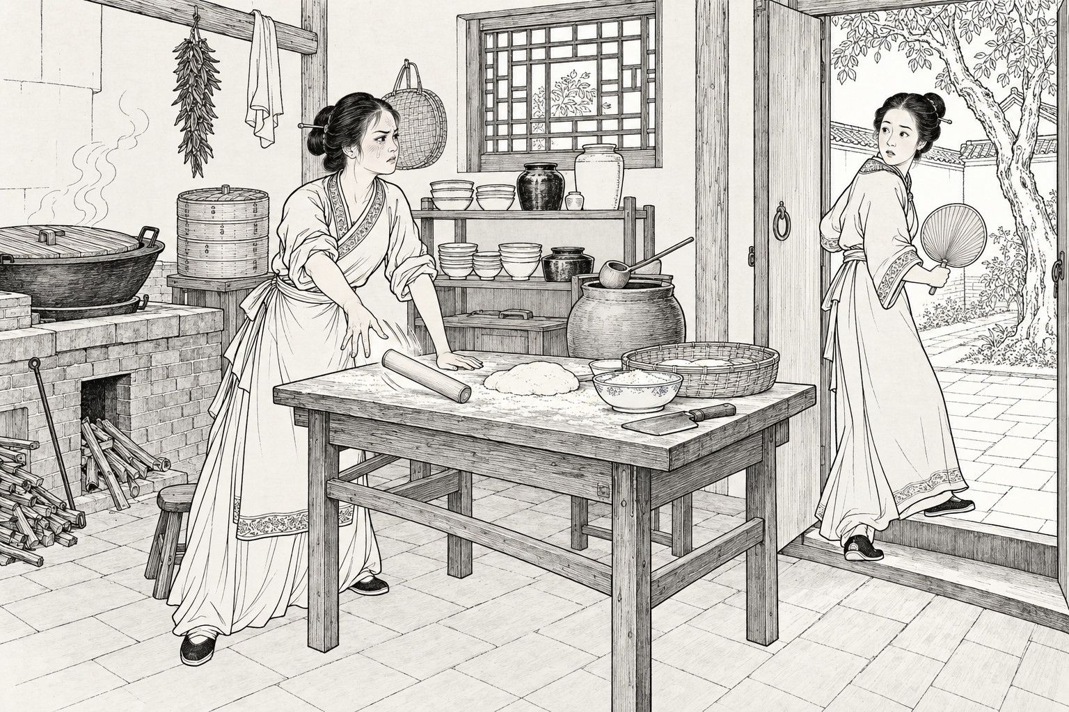 A line drawing in the manner of a late-Qing lithographed edition: in a country house kitchen on a hot summer day, a young wife with a tearful, angry face stands at a floury table beside a rolling pin and a mound of dough, while a second woman holding a round fan steps over the threshold into the sunlit courtyard and looks back in surprise, with a brick stove, a steaming pot, shelves of bowls and a water jar behind them.