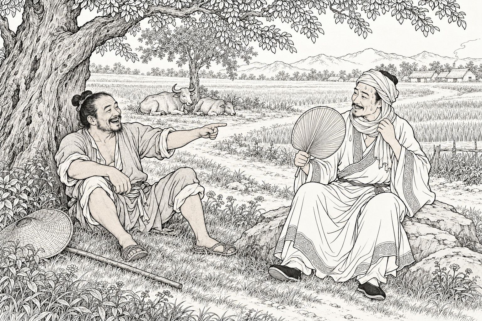 A line drawing in the manner of a late-Qing lithographed edition: on a hot summer day under a big old tree beside a country path, a laughing farmer sitting against the trunk points at a sweating traveller on a rock, who fans himself with a large palm-leaf fan and tugs at the thick scarf round his head and neck, with grain fields, two oxen resting in the shade, low hills and thatched cottages behind them.