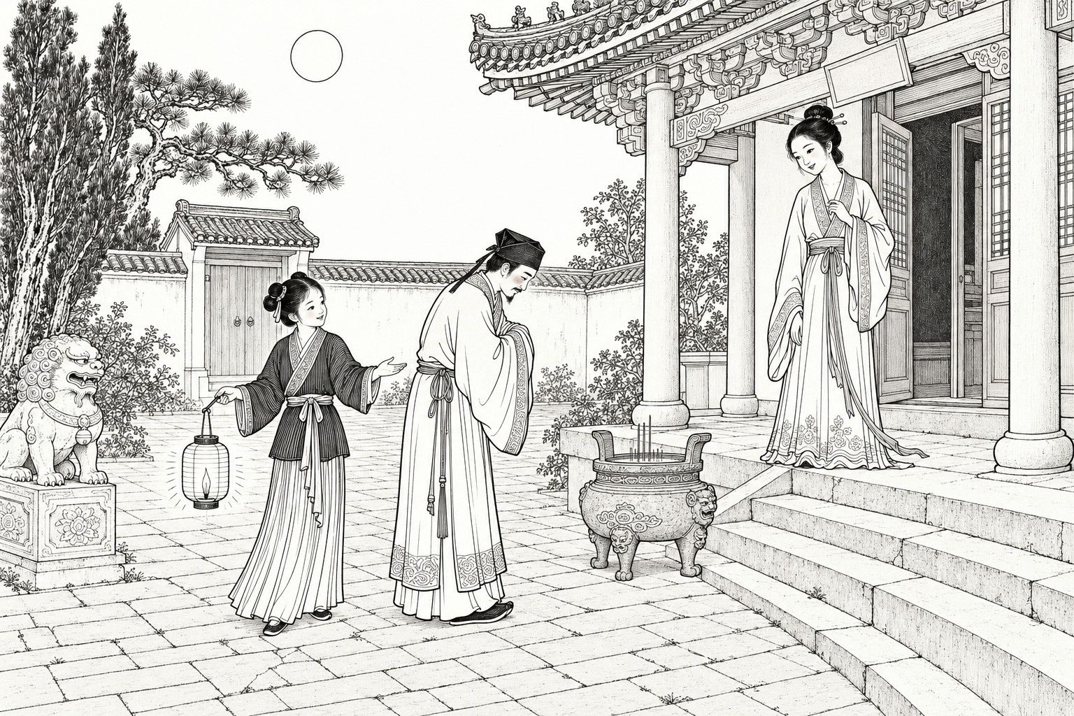 A line drawing in the manner of a late-Qing lithographed edition: on a moonlit night in the front courtyard of an old shrine, a smiling lady stands under the eaves above the stone steps, one hand raised to her breast, while a bashful scholar bows with his hands clasped in his sleeves and a young maid with a lantern turns to present him, with a incense burner, a stone lion, a pine and cypress and a whitewashed wall around them.