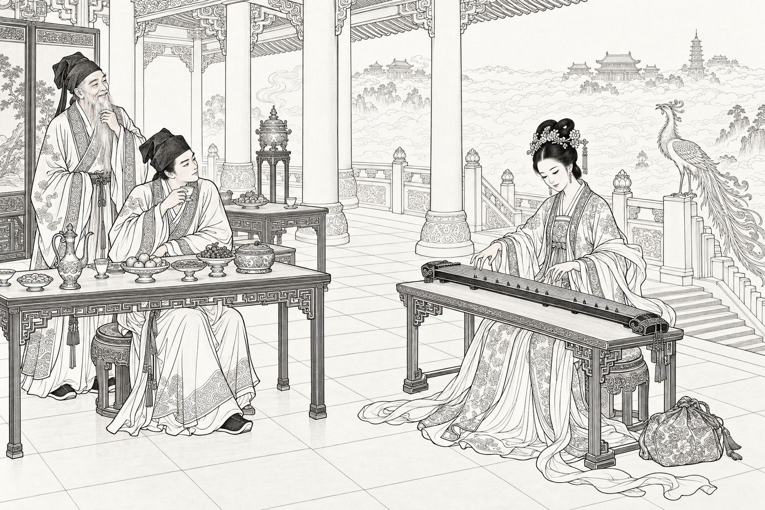 A line drawing in the manner of a late-Qing lithographed edition: in an open palace hall above a sea of clouds, a woman in a flowered headdress sits with lowered eyes, plucking a long many-stringed instrument laid across a table; a young scholar at a feast table holds a cup, forgetting to drink as he watches her, with a long-bearded old man smiling beside him; a phoenix perches on the balustrade outside.