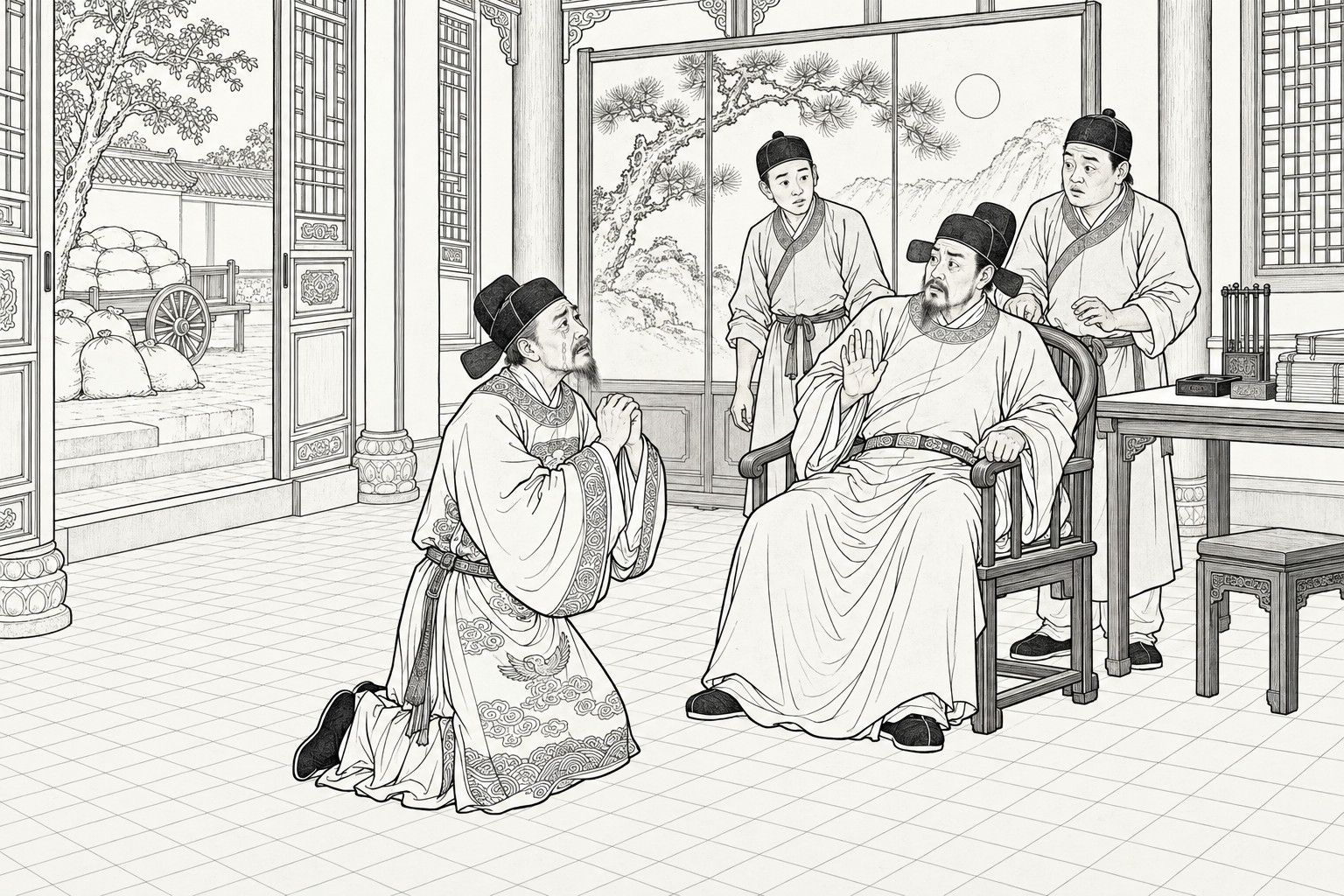 仿清末石印本的线描：白天衙署大堂里，一位戴乌纱帽、留须含泪的官员拱手长跪，面前坐在圈椅中的下级官员仰身抬掌推辞，两名衙役立在椅后；背后是松日屏风、格窗和长案，左侧敞开的门外院中堆着粮袋和板车。