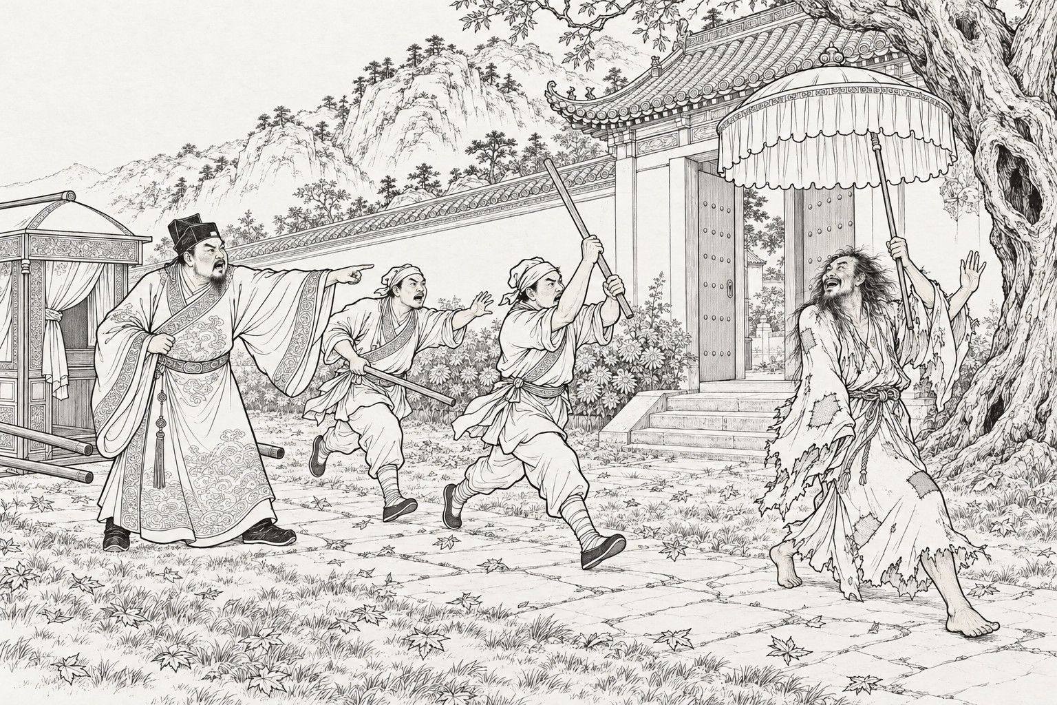 A line drawing in the manner of a late-Qing lithographed edition: in daylight on an autumn day before a mountain temple gate, a laughing barefoot Daoist in a patched, ragged robe holds a fringed canopy over his head and backs away beside an old hollow locust tree, while a stout gentleman beside his set-down sedan chair points at him in anger and two servants in head cloths rush forward with raised sticks, with chrysanthemums, a temple wall and pine-covered hills behind.