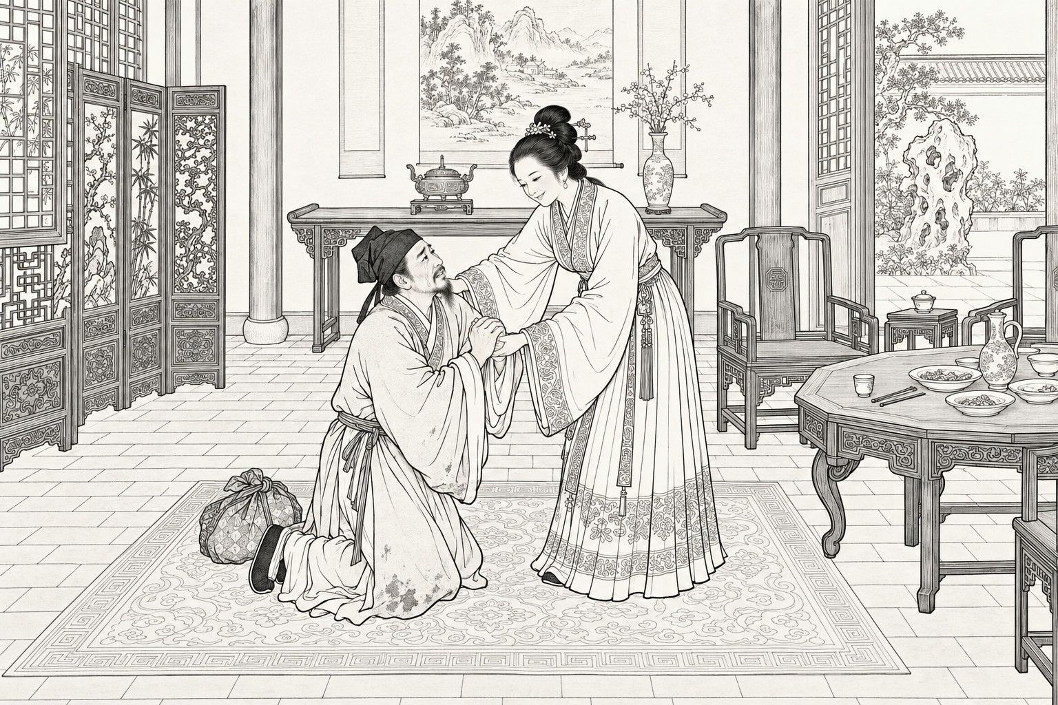 A line drawing in the manner of a late-Qing lithographed edition: in the main hall of an official's house by day, a gracious lady in a wide-sleeved jacket and pleated skirt bends with a smile to raise a travel-worn kneeling man in a scholar's cap whose hands are clasped, with his small bundle on the rug beside him, a table with the remains of a modest meal at the right, and a carved screen, lattice window, hanging scroll and garden rock around them.