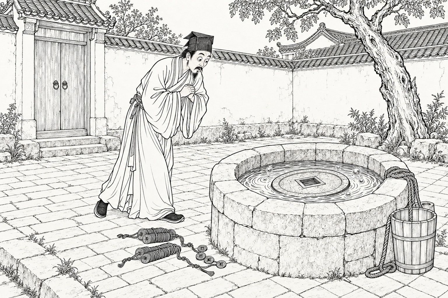 A line drawing in the manner of a late-Qing lithographed edition: in the daytime courtyard of an old house, a lean bearded scholar in a square cap and long gown bends forward with his hands clasped, startled, toward an old stone well where a huge square-holed coin floats on the rippled water, with strings of copper cash at his feet, a rope and bucket by the well, and a gate, wall, tiled roofs and an old tree behind.