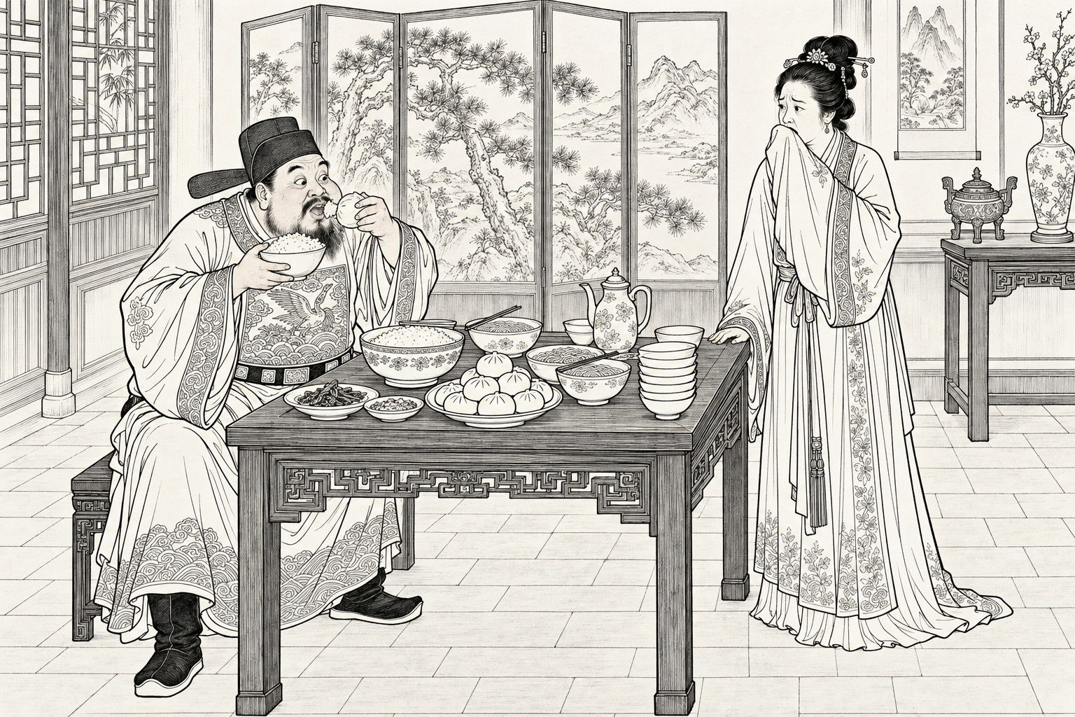 A line drawing in the manner of a late-Qing lithographed edition: in the main hall of an official's house by daylight, a stout bearded official in a gauze cap and embroidered round-collared robe sits at a square table crowded with rice, noodles and steamed buns, eating greedily with a rice bowl in one hand and a bun raised to his mouth, while his wife stands beside the table with a sleeve raised to her face, staring at him in dismay, before a pine-and-mountain screen, a lattice window and a side table with an incense burner and vase.