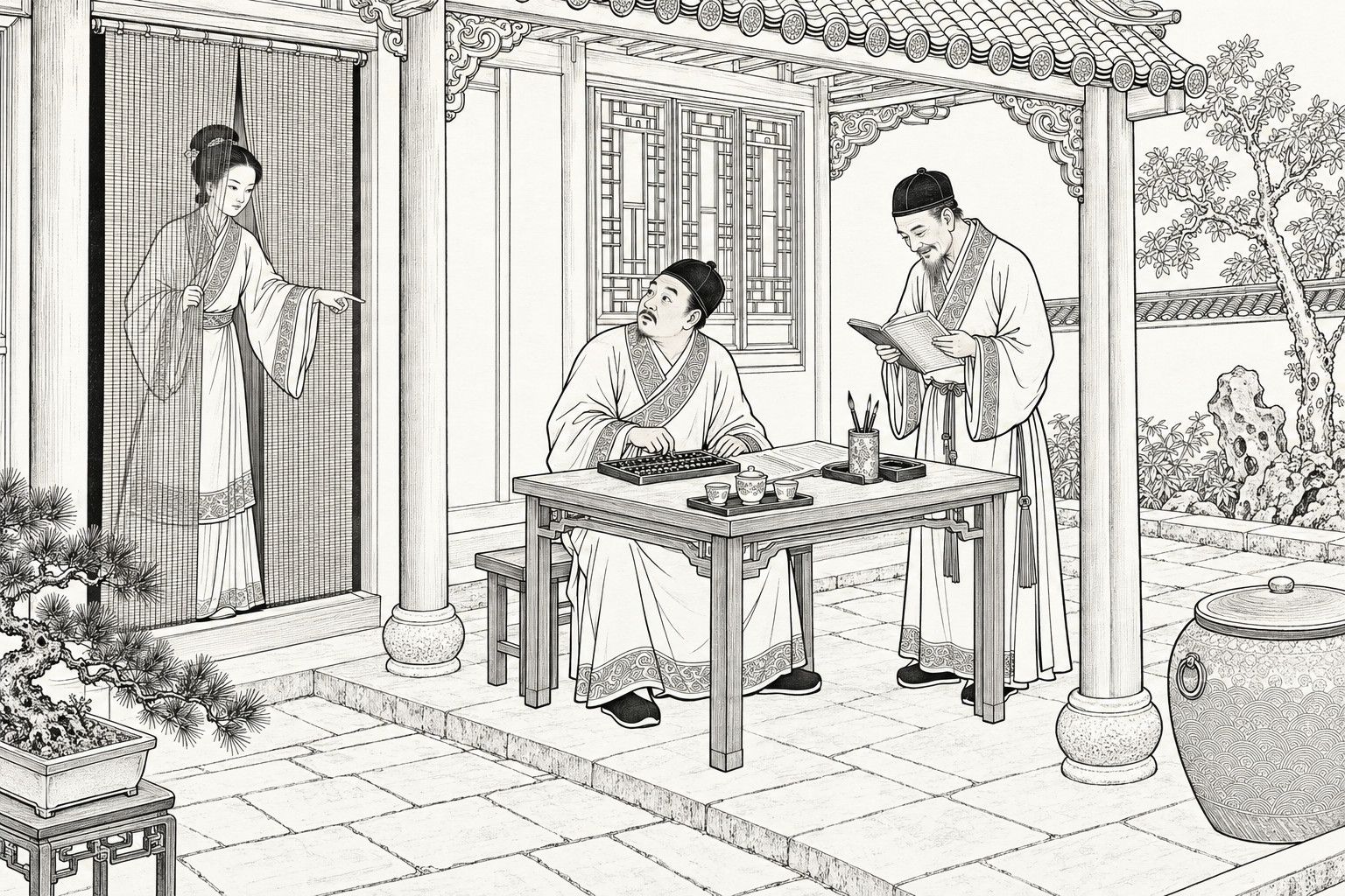 A line drawing in the manner of a late-Qing lithographed edition: in the daytime beneath the deep eaves of a large house's front hall, a seated merchant at a square table with an abacus looks up in surprise toward a woman who stands behind a bamboo curtain in the doorway and points toward the table, while a second merchant stands holding an open ledger and smiles, with a window lattice, a potted pine, a large lidded jar and a garden wall with a tree and rock around them.