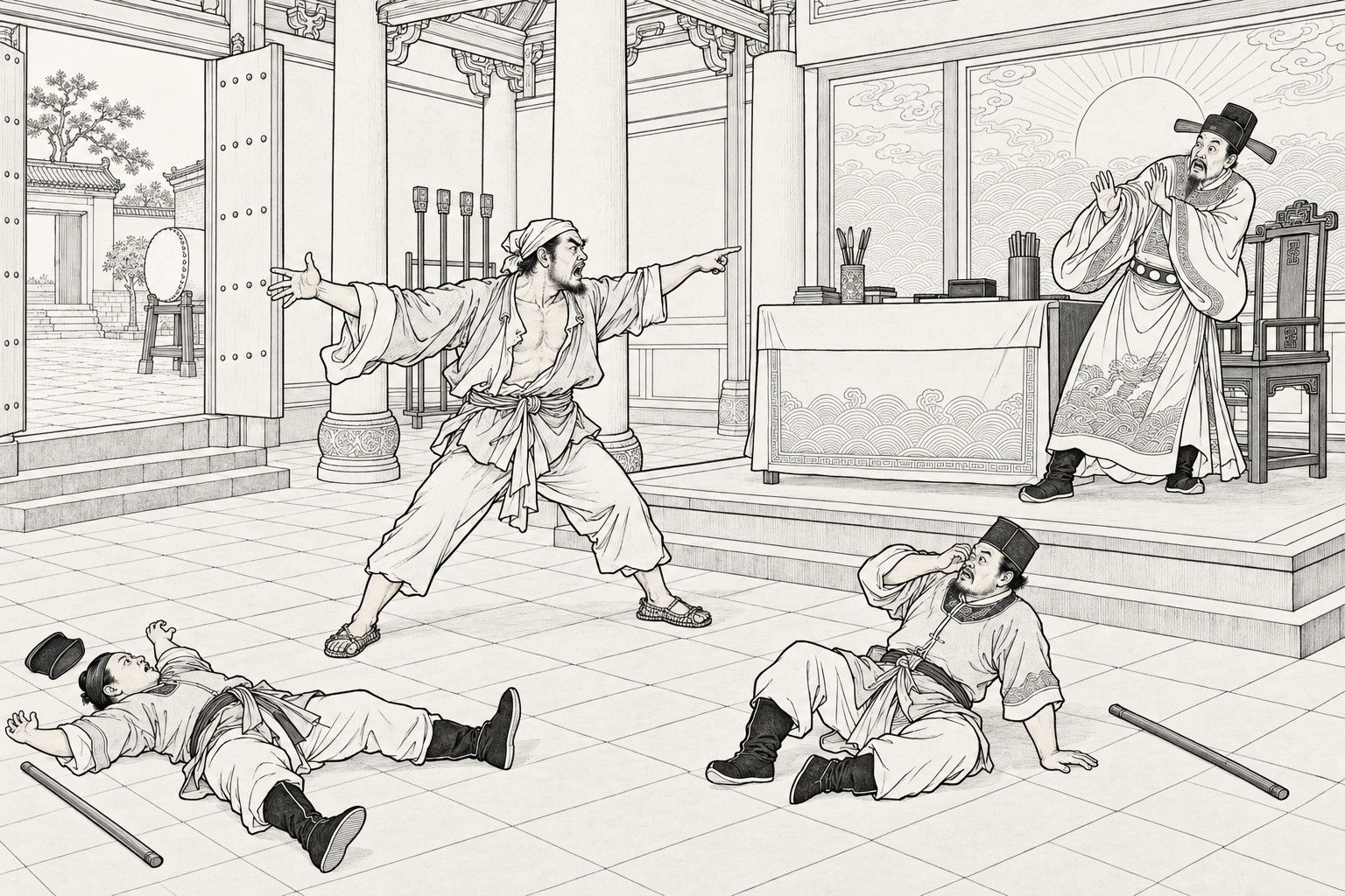 仿清末石印本的線描:白日縣衙大堂上,一個包頭巾、敞著短褂的粗壯漢子大步向前,一臂外振、一手指人怒喝,兩名差役摔坐在方磚地上,水火棍散落一旁,高臺上留須的縣令身著官帽官袍,驚慌後退,身後是日出海浪屏風、粗圓柱、敞開的堂門和院中的鼓。