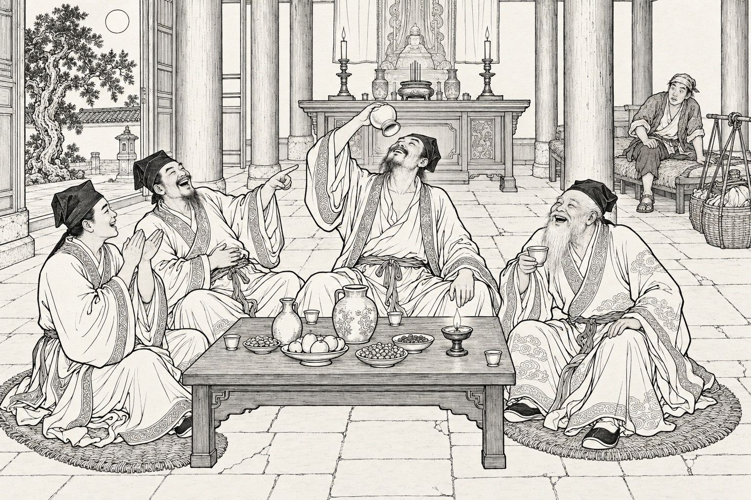 A line drawing in the manner of a late-Qing lithographed edition: on a moonlit night in the hall of an old country temple, a bearded scholar with loosened collar tips his head back and drains a wine vessel while three companions laugh, clap, point and hold their sides around a low table of jugs, cups and fruit, and a travelling pedlar with his shoulder pole and baskets sits up on a straw bed in the corner to watch.