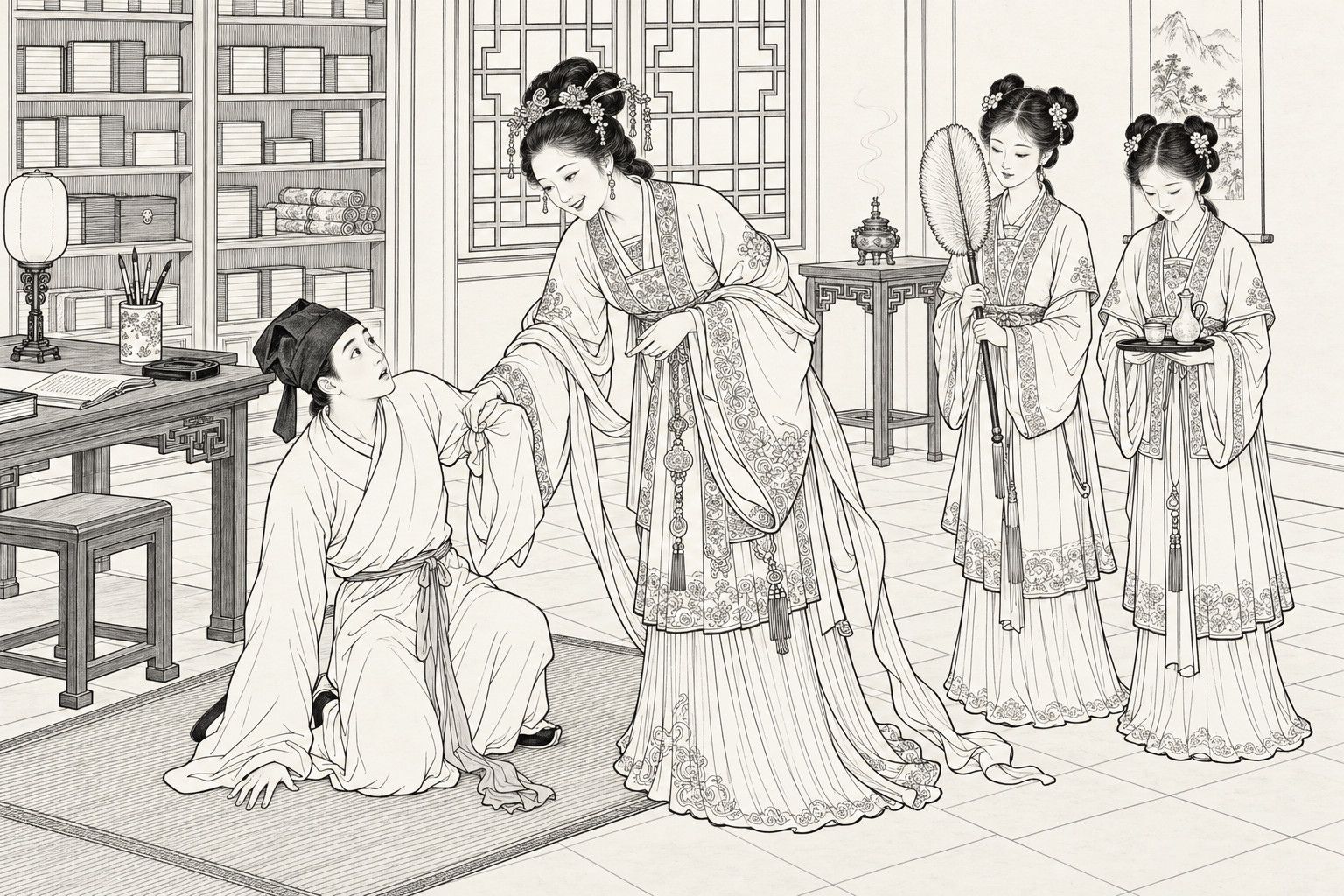 A line drawing in the manner of a late-Qing lithographed edition: in a scholar's study in daylight, a richly dressed lady bends to take the arm of a young scholar who has dropped to his knees in fright, while two palace maids in long skirts stand behind her, one holding a feather fan and one a tray with a cup and ewer, with a bookcase, a lattice window, a desk and an incense burner trailing smoke behind them.