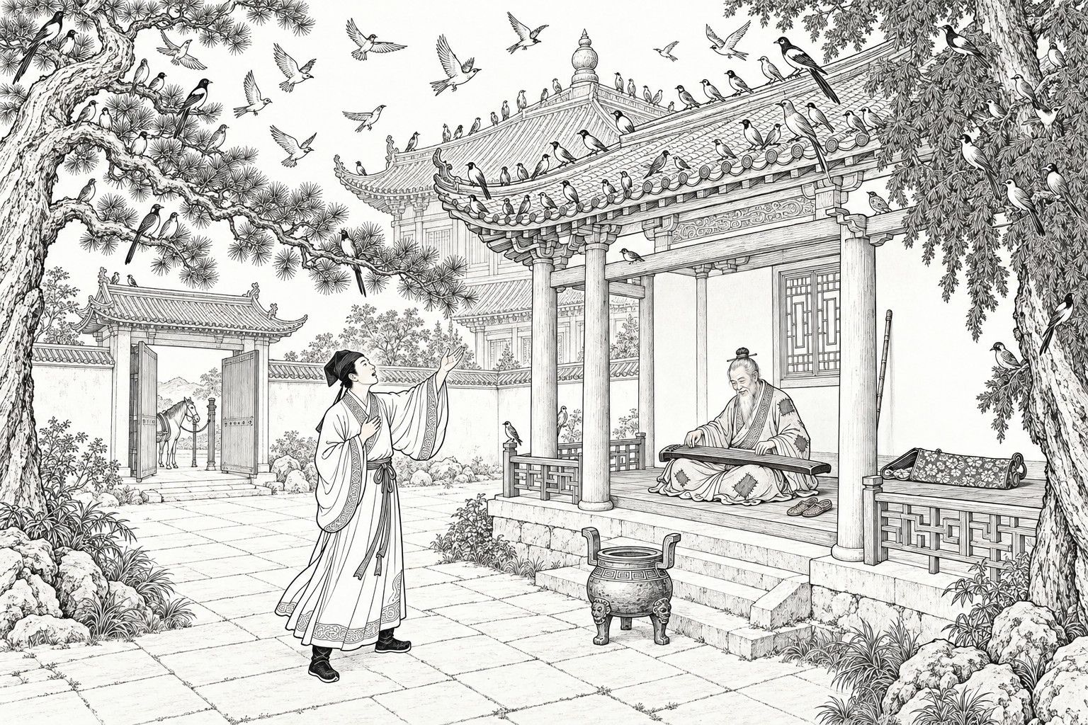 A line drawing in the manner of a late-Qing lithographed edition: on a clear daytime in the courtyard of an old temple, a white-bearded Daoist in a patched robe sits cross-legged in the covered gallery playing a zither, while a young scholar in the courtyard raises one hand toward the birds that crowd the pine, the cypress and the roof ridge and presses the other hand to his chest, with a bronze incense burner in front and a horse tethered at the open gate beyond.