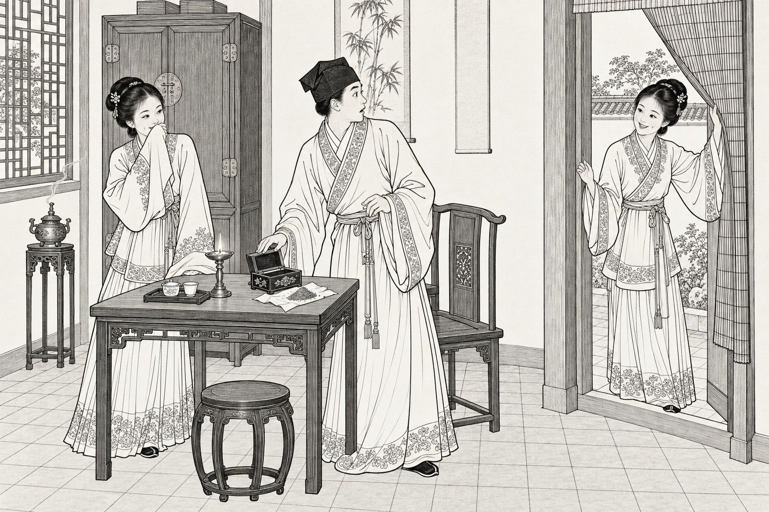 A line drawing in the manner of a late-Qing lithographed edition: inside a scholar's bedroom, a young scholar in cap and long gown stands at a table with an open small box and a paper packet of powder, glancing back in astonishment, while a young woman at his side laughs behind her sleeve and a second, identical young woman lifts the bamboo door curtain and smiles at him from the doorway, with a latticed window, a wardrobe, an incense burner on a stand and a brick floor around them.