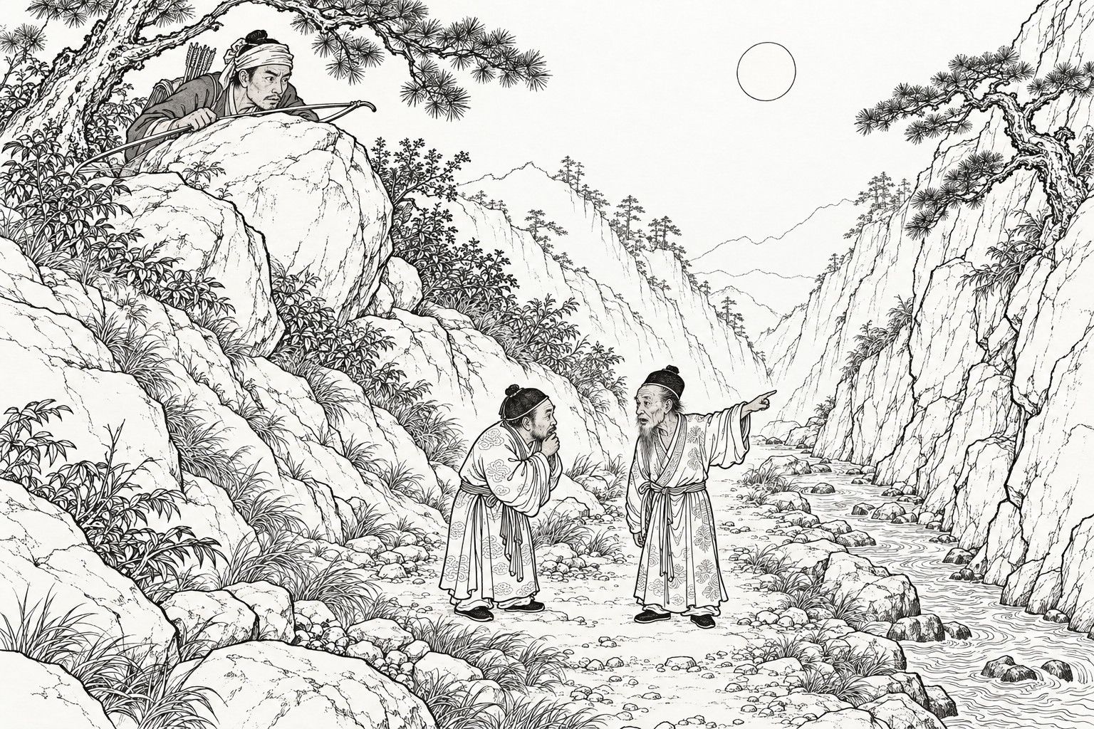 A line drawing in the manner of a late-Qing lithographed edition: on a moonlit night in a rocky mountain gully, two small elderly men in long sashed robes and little caps meet on the stony path beside a stream, one pointing into the distance while the other bends his head to listen, as a headcloth-wearing hunter with a quiver crouches behind a big boulder on the slope above, bow in hand, watching them, with pines, steep rock walls and far hills around.
