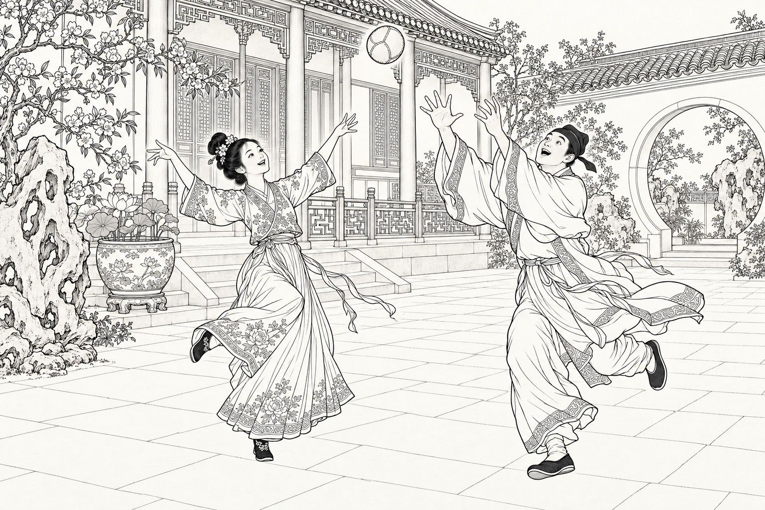 A line drawing in the manner of a late-Qing lithographed edition: in a courtyard before a hall with a flowering tree, a garden rock and a lotus pot, a young woman with an ornamented bun, one boot lifted, laughs with her arms raised as a round sewn ball flies high above; a young man in a soft cap runs after it with his head tipped back, both hands stretched up and his mouth open, sleeves and robe flying.
