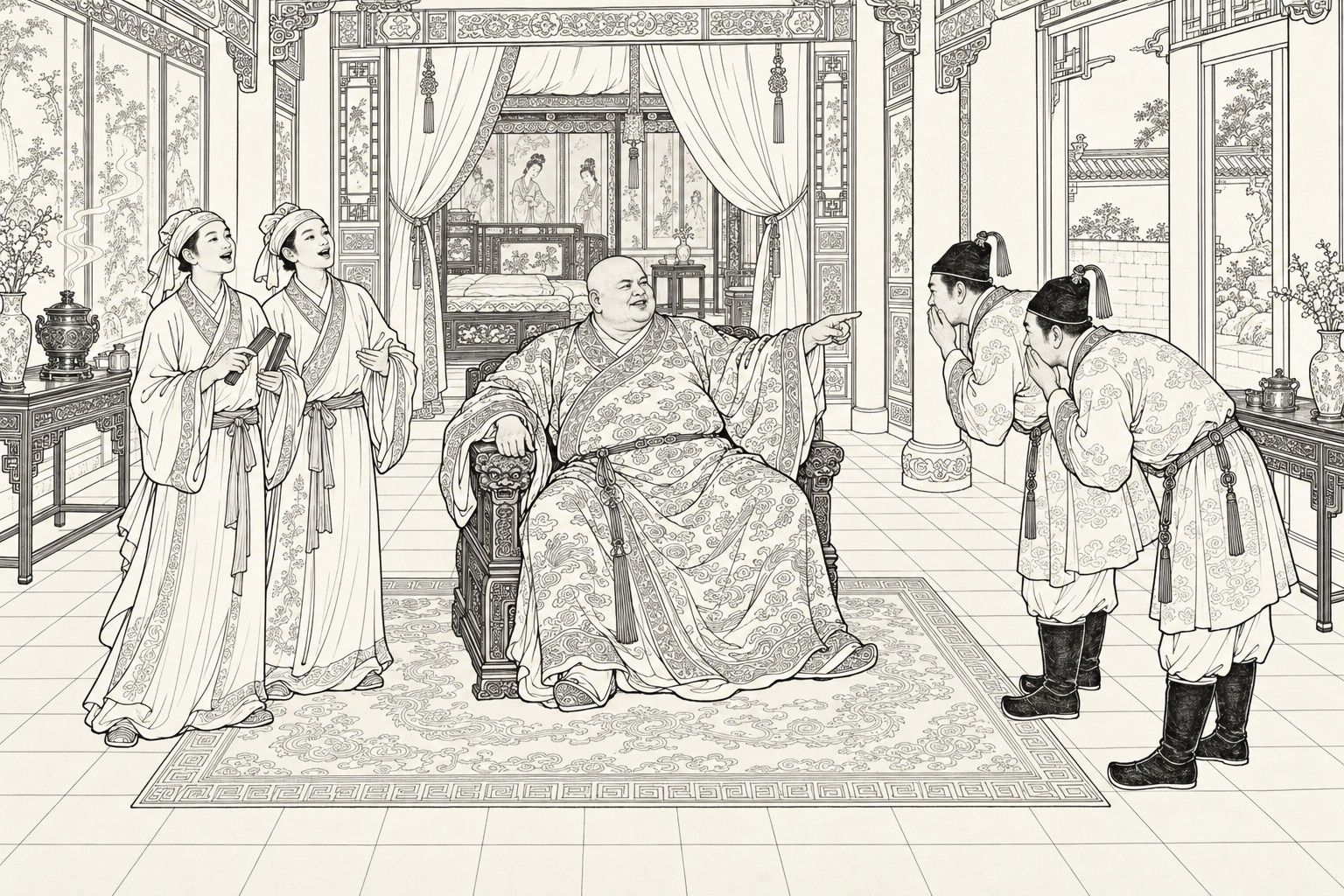 A line drawing in the manner of a late-Qing lithographed edition: In the daytime, in the splendid front hall of a country mansion, a stout shaven-headed man in a figured silk robe sits in a carved armchair and points as he gives an order, while two tasselled-capped, booted servants bow with hands cupped at their mouths to listen and two gauze-headed boys sing at the left, one holding wooden clappers, before looped curtains, an inlaid bed, polished screens and an incense burner.