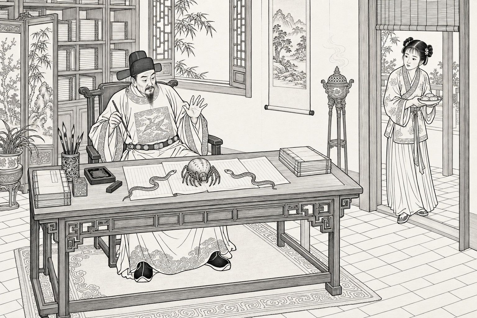 A line drawing in the manner of a late-Qing lithographed edition: In the daytime study of a county office, a bearded magistrate in an official cap and robe sits behind a broad desk, brush in one hand and the other hand raised in surprise, looking down at a large spider crouched on the open case papers with a thin snake lying on each side, while a young maid with hair in two buns stands in the doorway at the right holding a dish of cakes, among bookshelves, a screen, a lattice window with bamboo, an incense stand and a brick floor.