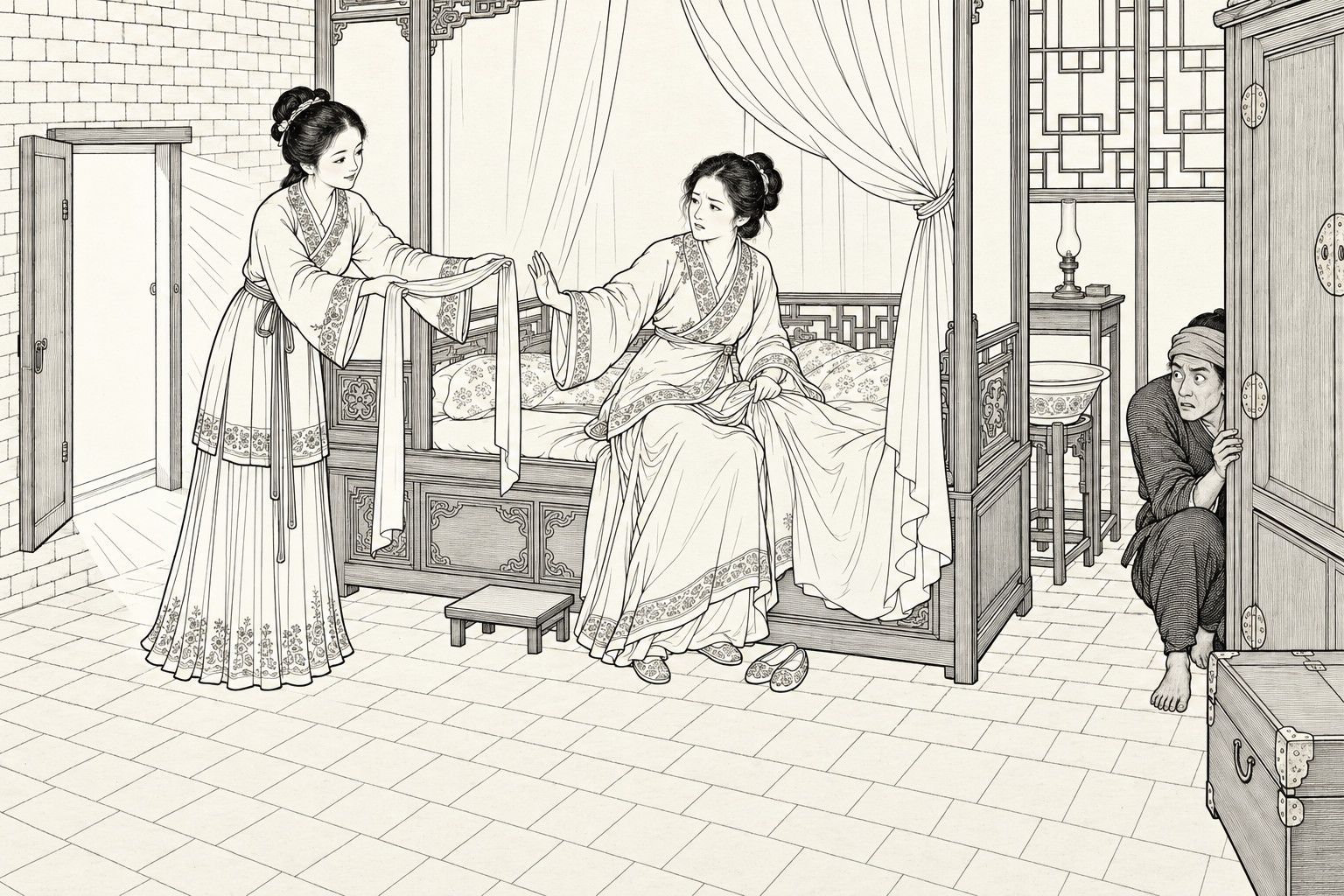 A line drawing in the manner of a late-Qing lithographed edition: a merchant's bedroom at night, where a young woman who has stepped out of a small open door in the wall holds out a long plain sash in both hands to a young wife sitting on the edge of a curtained bed, who raises a hand to push it away, while a lean man crouches behind a tall clothes cabinet at the right and peeps out at them.