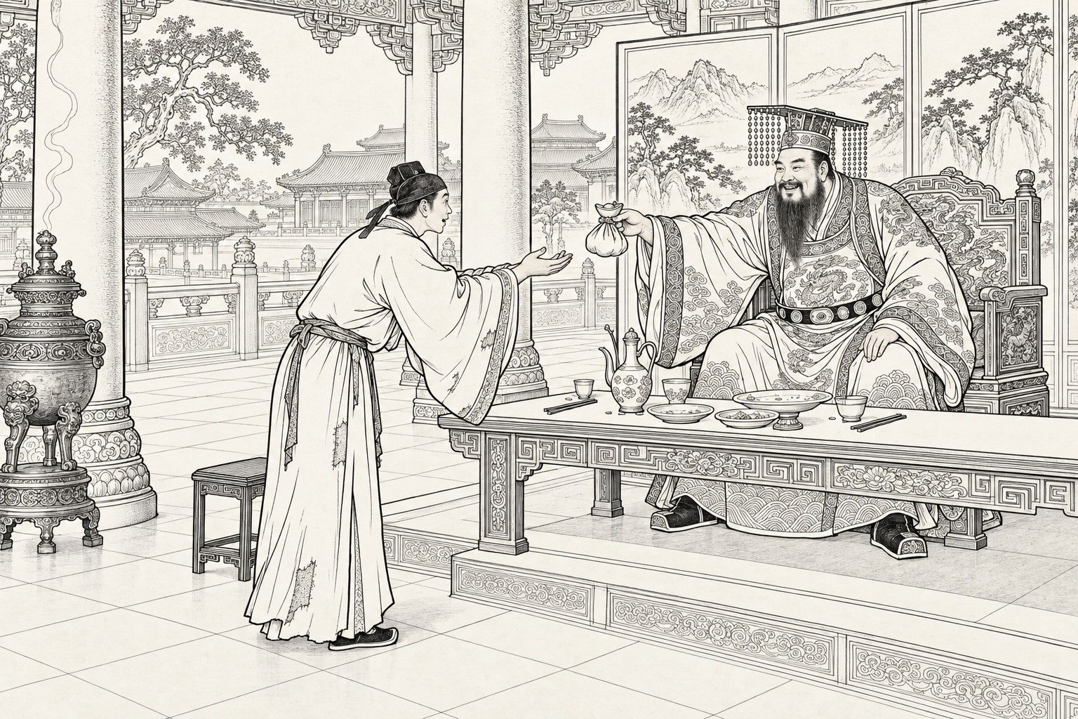 A line drawing in the manner of a late-Qing lithographed edition: in the daytime in a great palace hall, a smiling bearded king in a beaded crown and wide embroidered robes sits behind a banquet table holding out a small cloth packet of silver, while a poor scholar in a worn gown leans forward and reaches out a hand to take it, with a screen painted with mountains and pines, a bronze incense burner, a stool, and a terrace with distant roofs and old trees around them.
