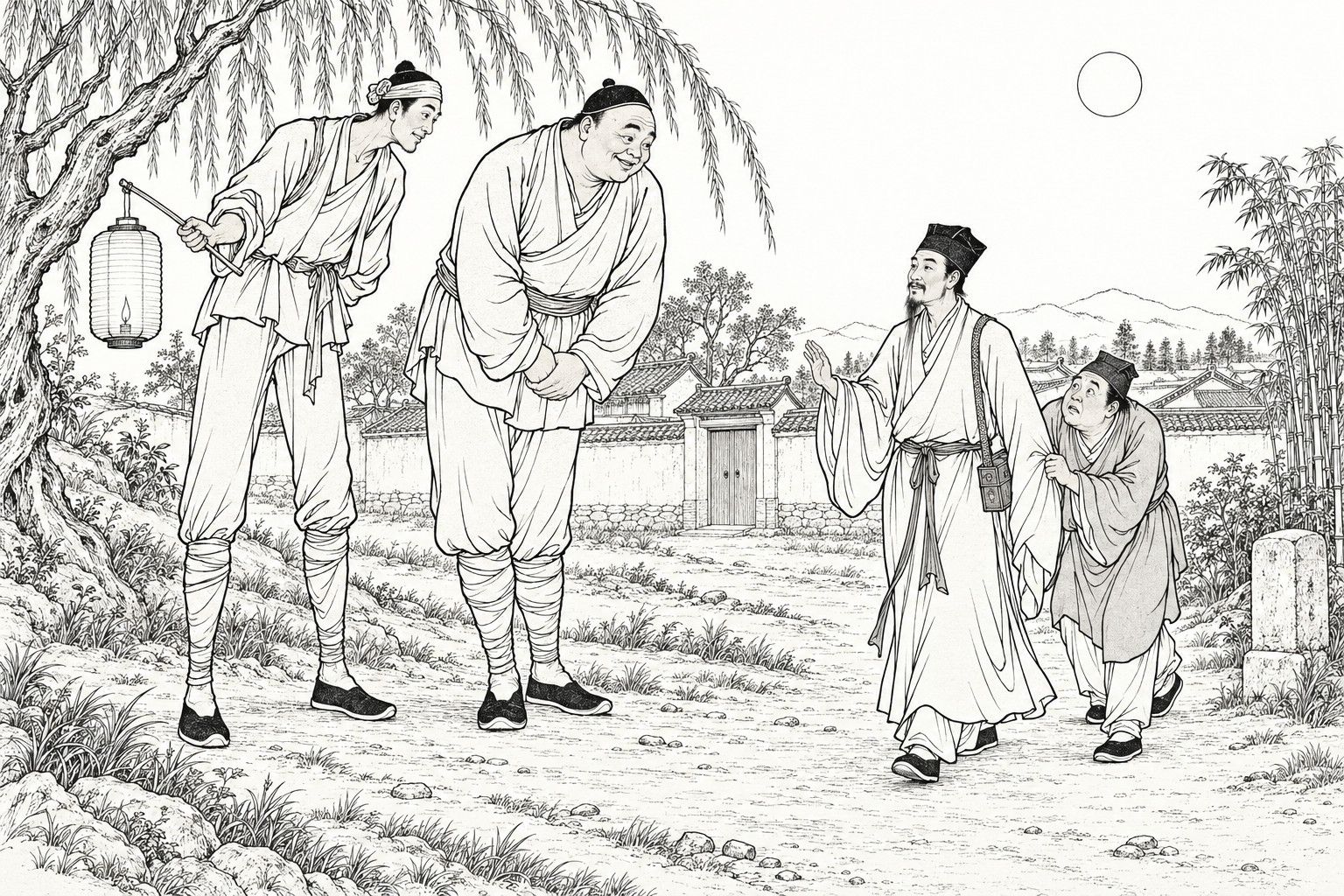 仿清末石印本的线描：月夜村外土路上，柳树下两个身材极高的仆役，一人提着纸灯笼，回身躬身等候；挎药箱的长须医者从容抬手，他身后的友人拉着他的衣袖，惊疑地仰望二人，远处是村墙、院门和竹丛。