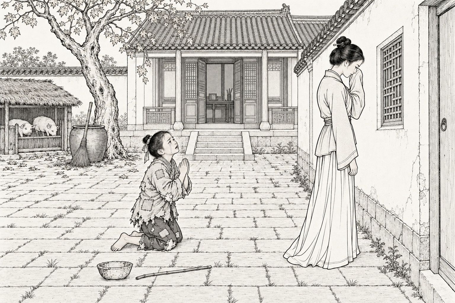 A line drawing in the manner of a late-Qing lithographed edition: on an autumn day in a scholar's brick-paved courtyard, a ragged barefoot boy in a patched padded jacket kneels with his palms pressed together and his tearful face turned up, while a slender young woman in plain robes stands beside a whitewashed wall with her head bowed and a sleeve raised to her cheek, with a tiled hall, a parasol tree, a water jar and a thatched pigsty with two pigs behind them, and a bowl and a bamboo switch on the ground.