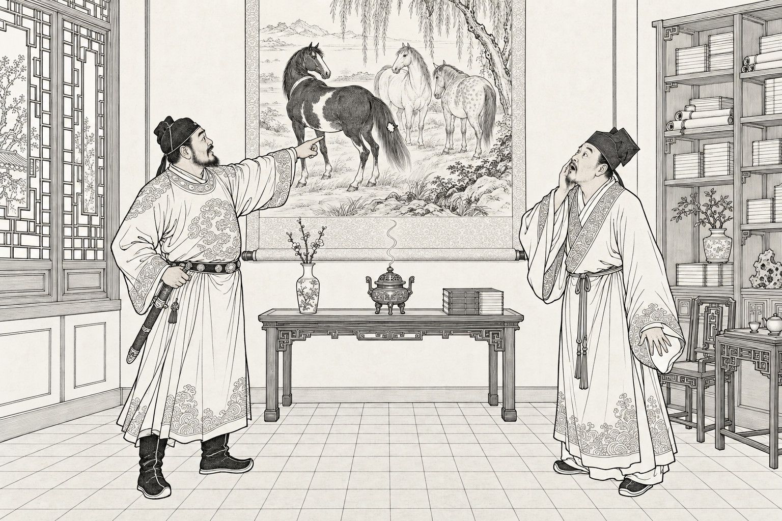 A line drawing in the manner of a late-Qing lithographed edition: In the daytime main room of a townsman's house, a sturdy military officer in a belted robe and cap, with a short sword at his side, points at a hanging scroll of horses on the back wall, while the scholarly master of the house at the right raises a hand to his cheek and gazes up in astonishment, with an incense burner on a side table below the scroll, a lattice window at the left and a bookcase at the right.