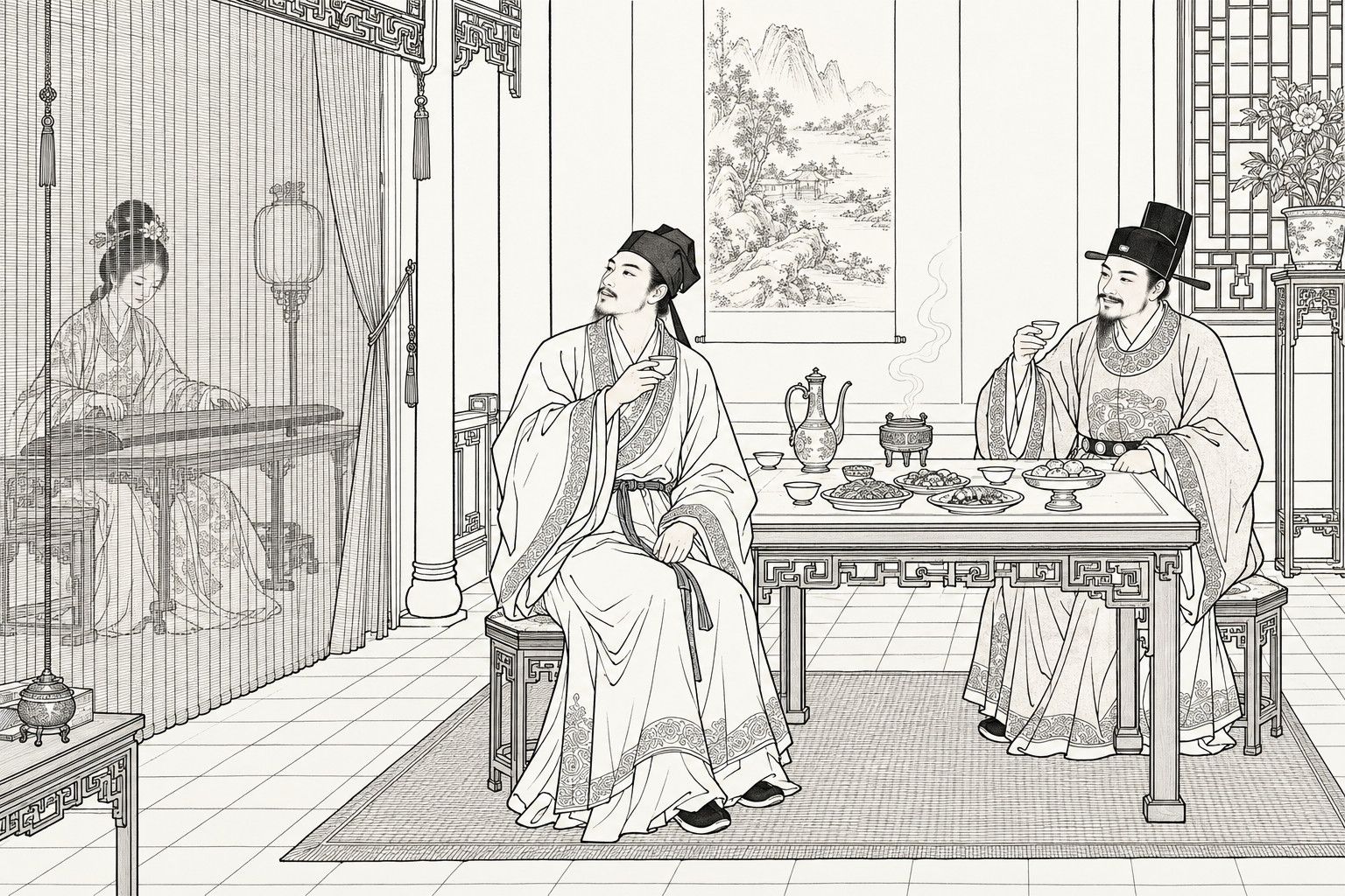 A line drawing in the manner of a late-Qing lithographed edition: In the inner hall of an official's residence, a scholar seated at a feast table turns toward a bamboo curtain with his wine cup raised, listening, while the smiling host in a black gauze cap raises his own cup, and behind the curtain a young woman in an embroidered jacket plays a zither, with a censer, wine ewer, lattice window and flower stand around them.