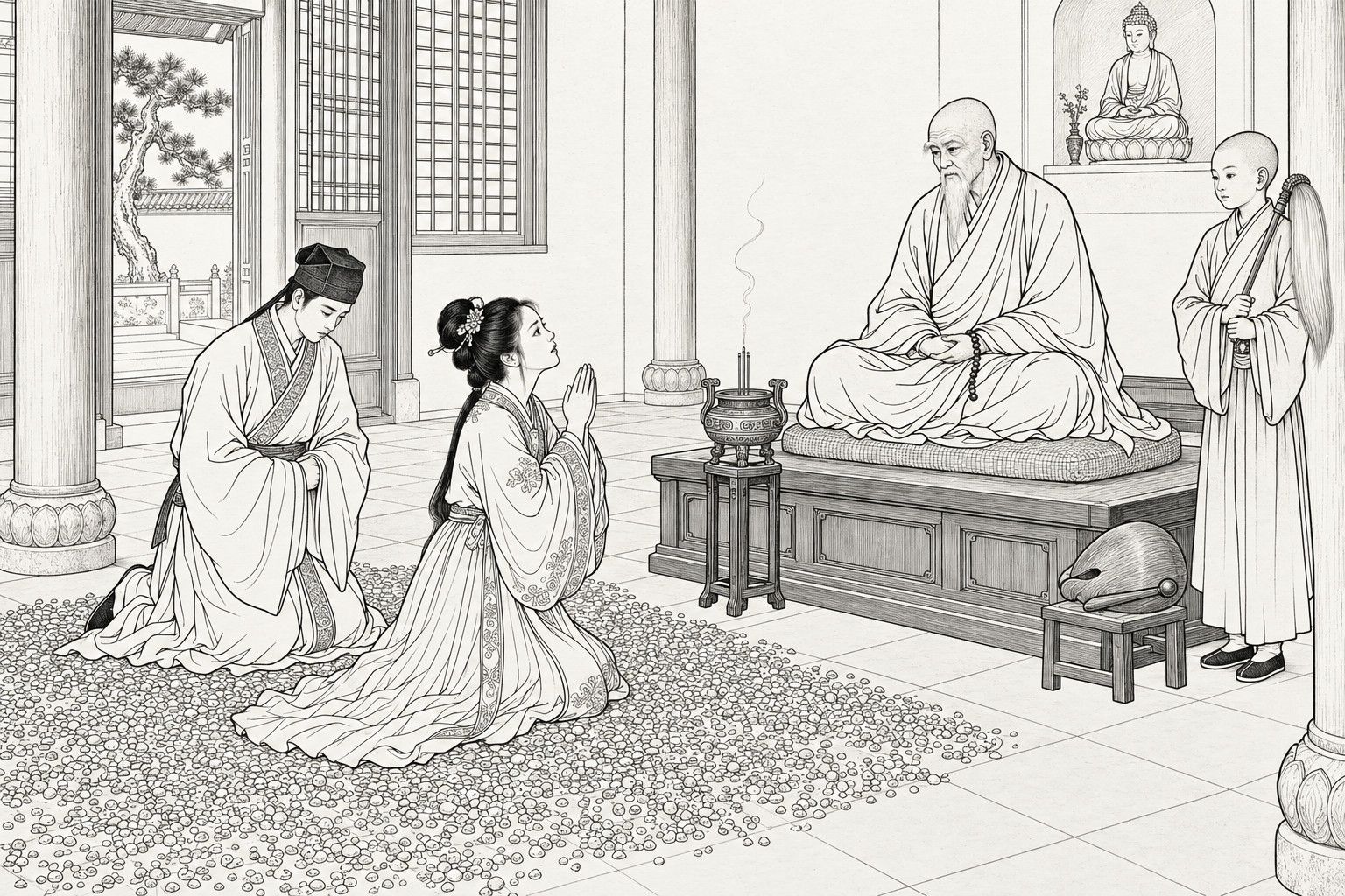 A line drawing in the manner of a late-Qing lithographed edition: in the daytime meditation hall of a mountain monastery, a young wife kneels on a floor thickly strewn with pebbles, palms pressed together and face lifted in plea, with her scholar husband kneeling half a step behind her with bowed head and folded hands, while an old monk sits cross-legged on a low platform glancing down at them, a young novice stands beside him holding a horsehair whisk, and an incense burner, a wooden fish-drum, a Buddha niche, a lattice window and a pine seen through the doorway fill the hall.