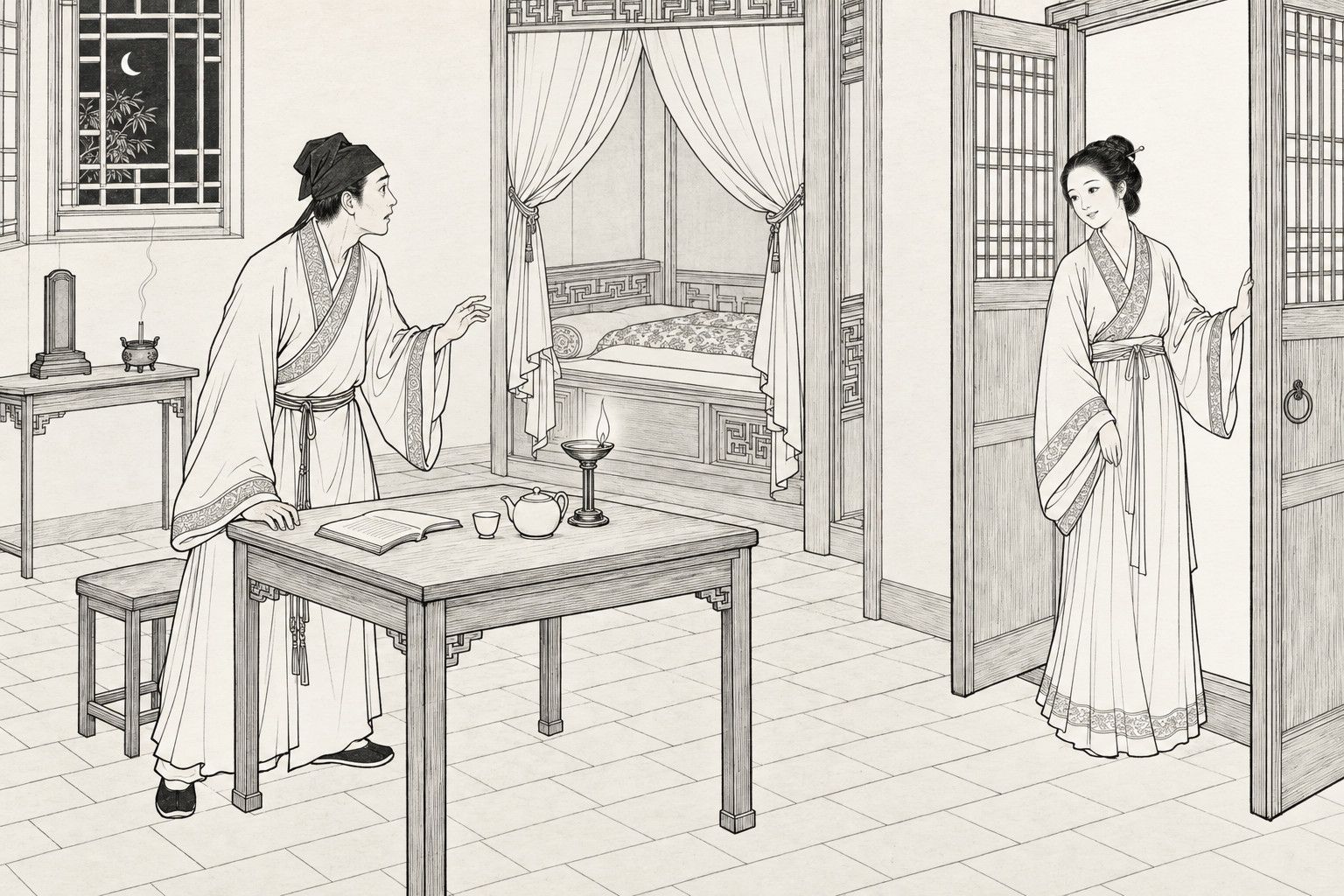 A line drawing in the manner of a late-Qing lithographed edition: at night in a plain room, a thin young man in a long gown rises beside a lamplit table with a teapot and open book, one hand on the table and the other raised, looking in astonishment at a gently smiling young woman who stands in the half-open double door with one hand on the door leaf, while a small memorial tablet with incense, a curtained bed and a lattice window fill the room behind.