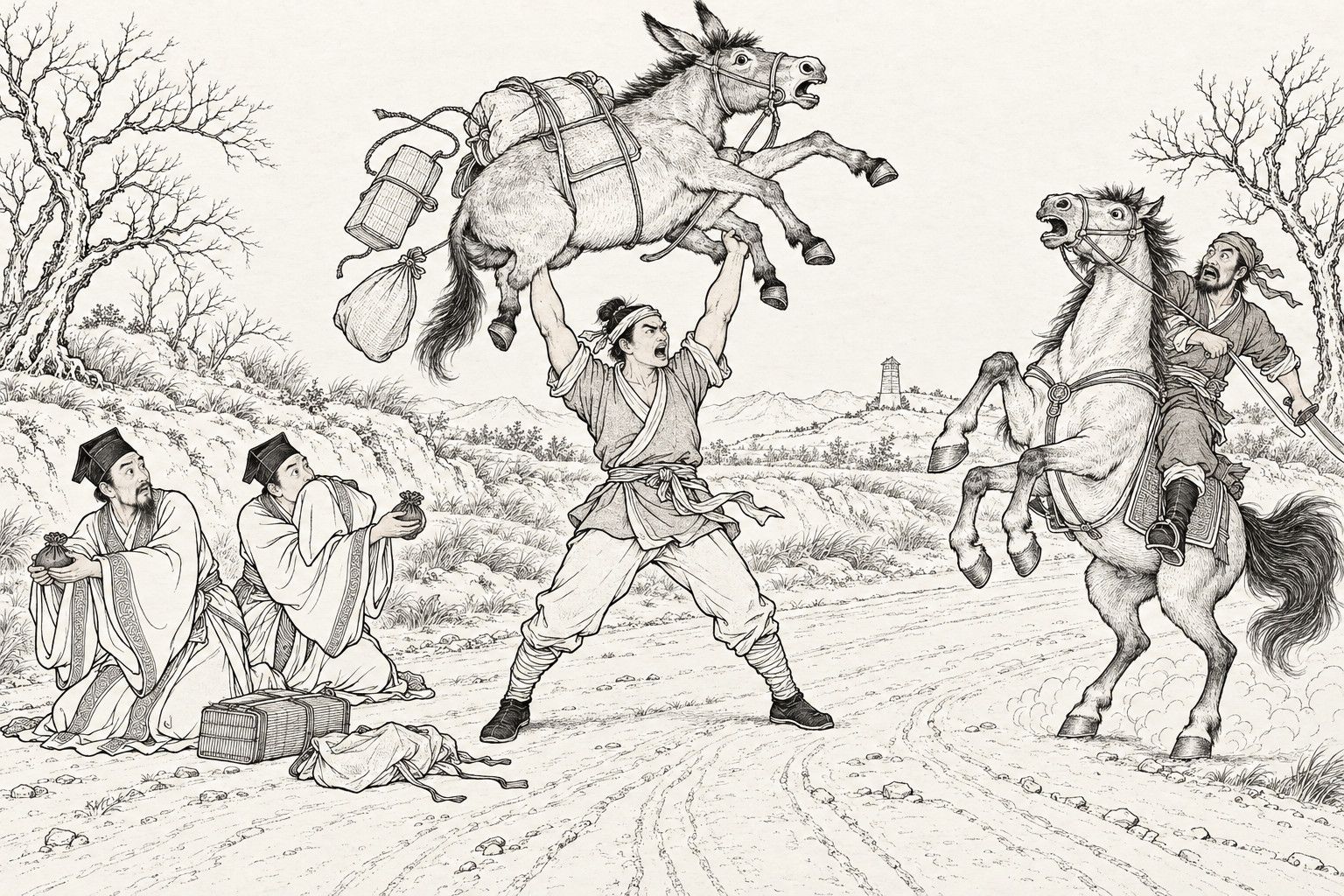 A line drawing in the manner of a late-Qing lithographed edition: on a bare country road in the open plain, a sturdy young traveller stands braced at the centre and heaves a pack mule over his head, while two kneeling scholars on the left hold out purses and look back in dismay, and a startled highwayman on a rearing horse at the right hauls back on his reins, with bare trees and a distant beacon tower behind.